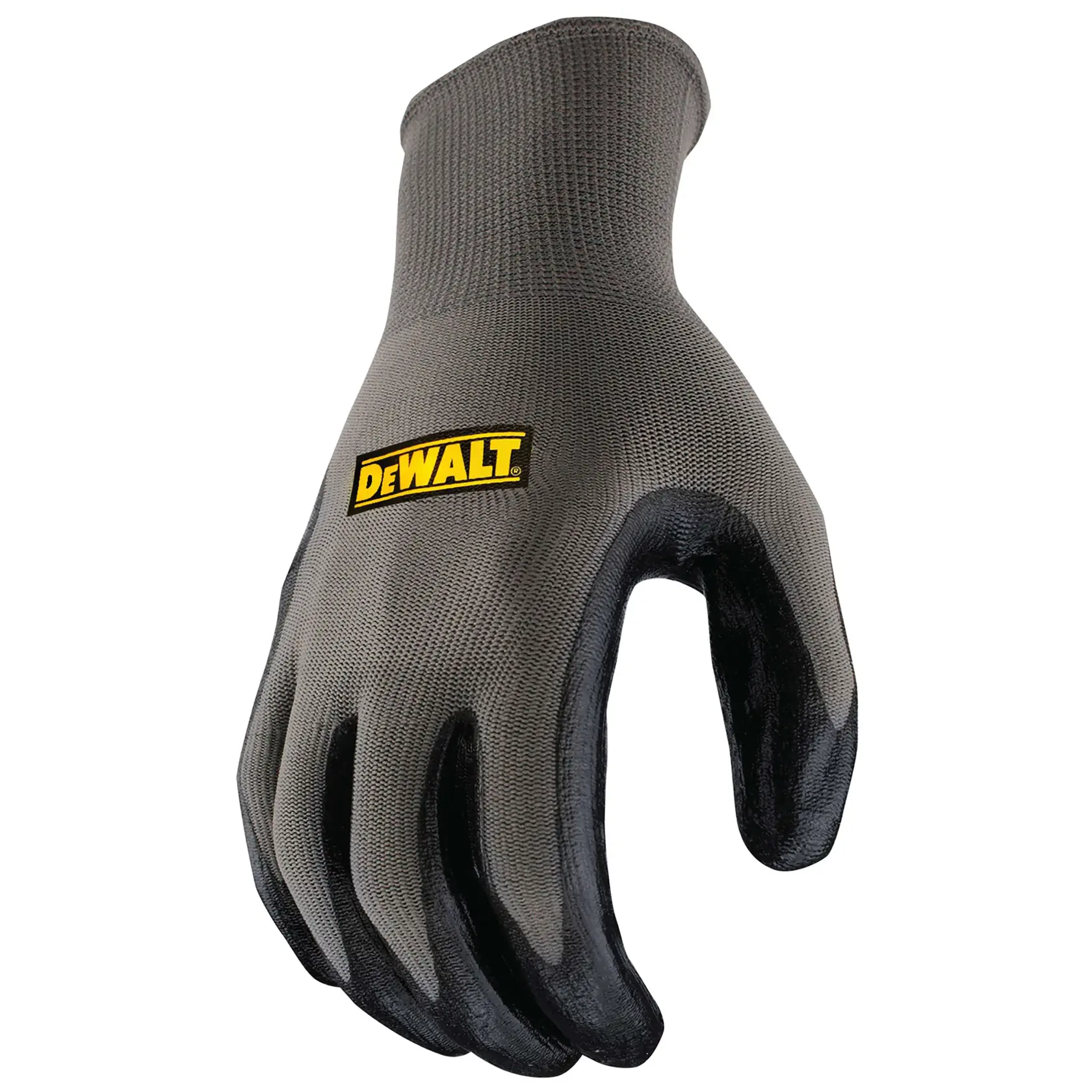 A single grey and black work glove with a yellow DEWALT logo on the back, designed for industrial or construction use.