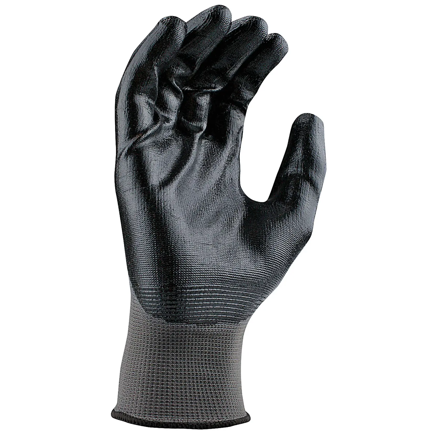 A single black work glove with a textured surface and gray cuff, shown against a white background.