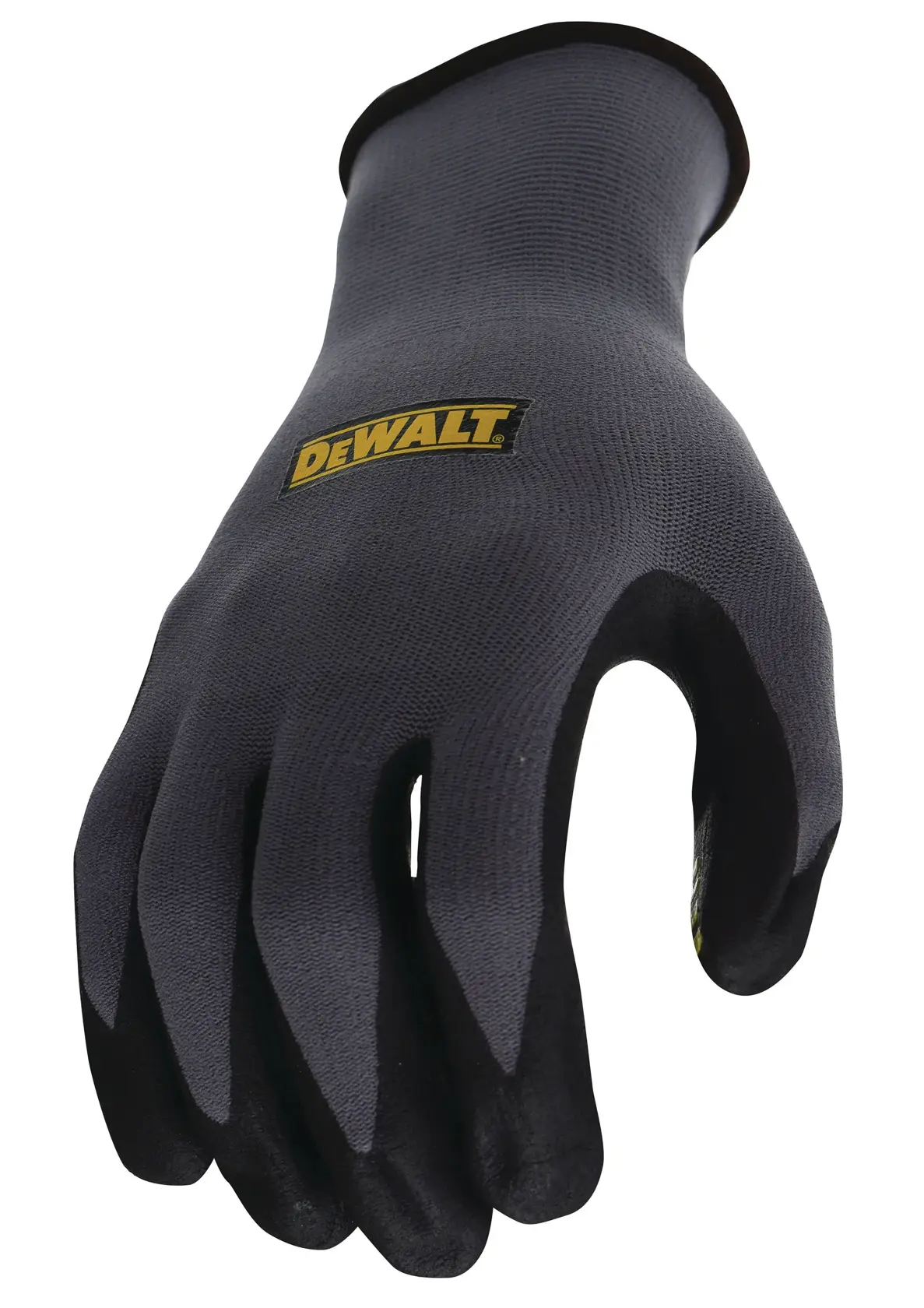 A black protective work glove with the DEWALT logo on the back, shown against a white background.