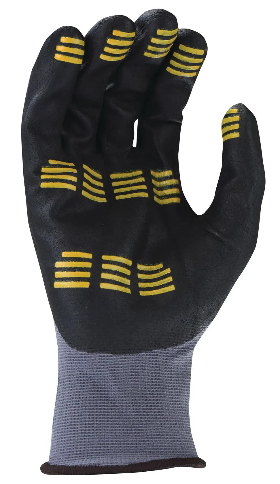 A single black and grey work glove with yellow grip stripes on the palm and fingers, shown against a white background.