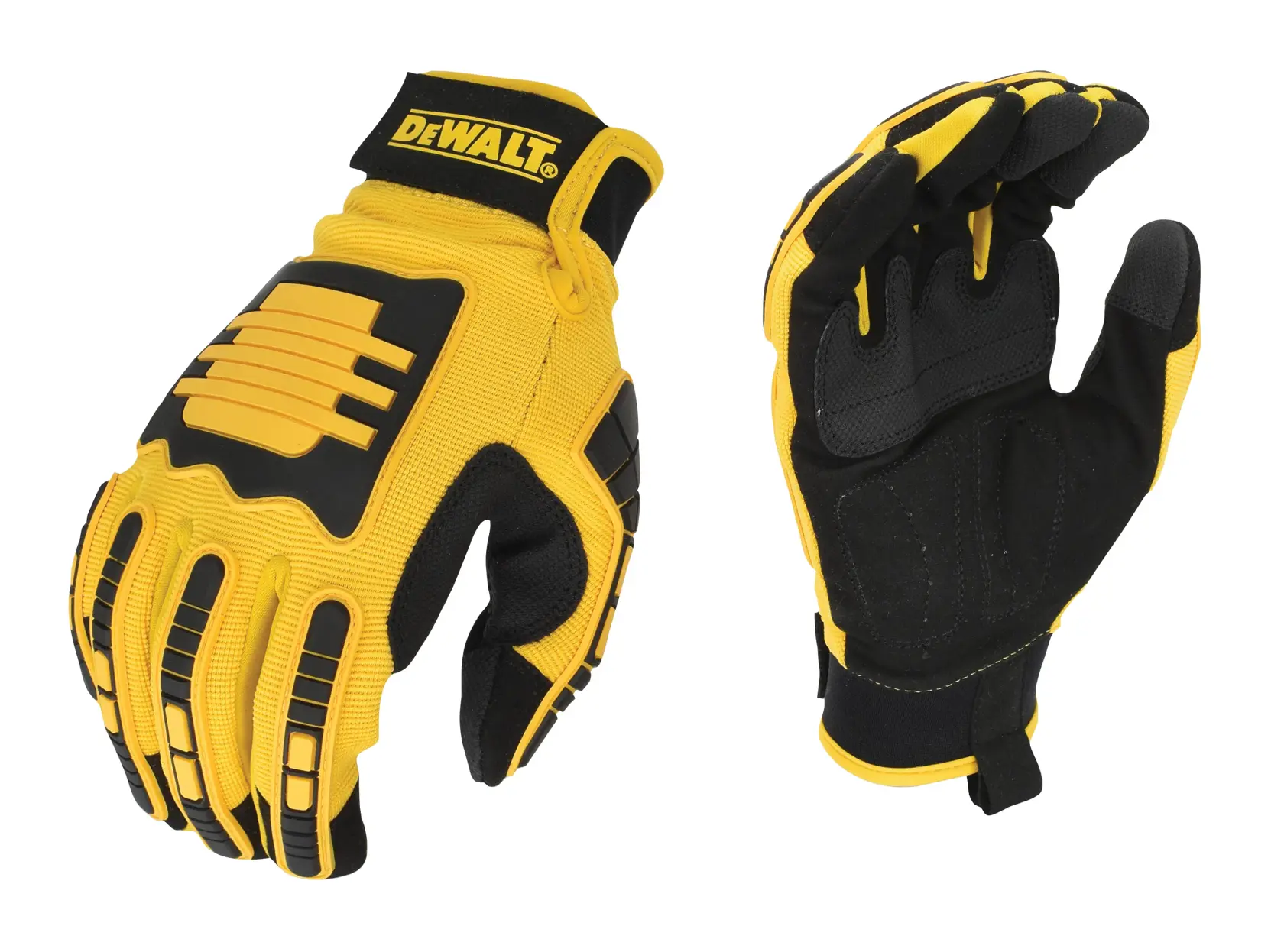 A pair of DEWALT yellow and black protective work gloves featuring reinforced padding and textured grip surfaces. One glove is shown palm side up and the other is shown back side up.