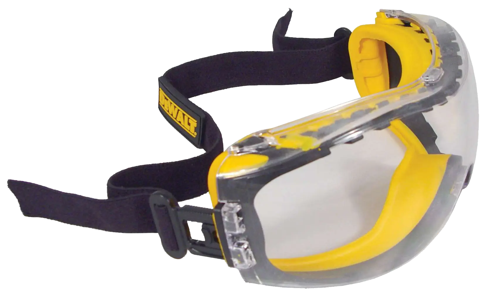 A pair of DEWALT safety goggles with a clear lens, yellow and black frame, and an adjustable elastic strap for secure fit.