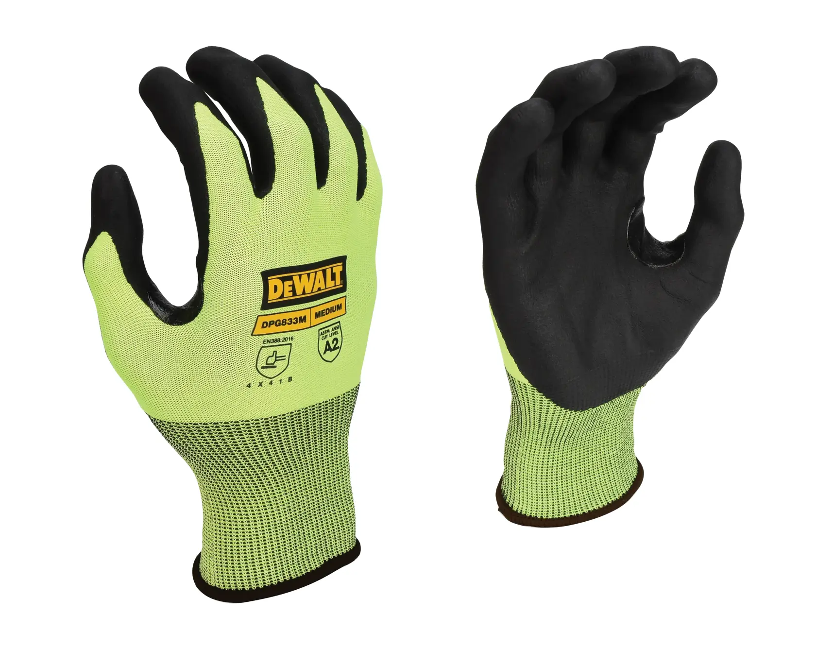 A pair of DEWALT DPG833 medium-sized work gloves in yellow and black. The gloves have a black coating on the palm and fingers, providing grip and protection, with DEWALT branding and safety information printed on the back.