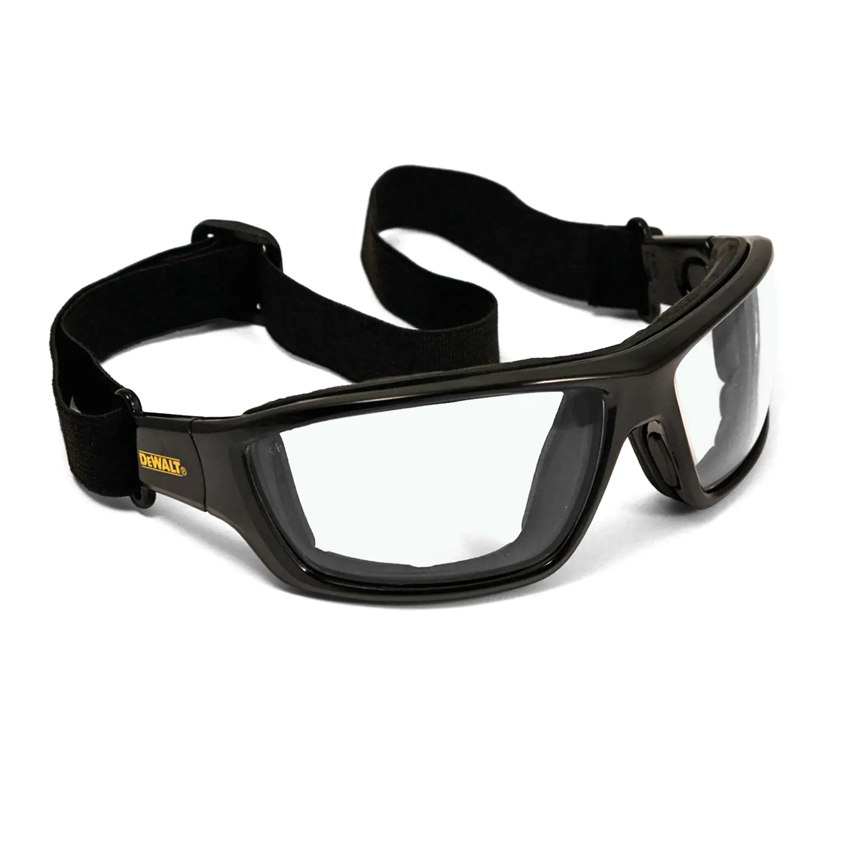 A pair of DEWALT safety goggles with clear lenses and a black frame, featuring an adjustable black strap.