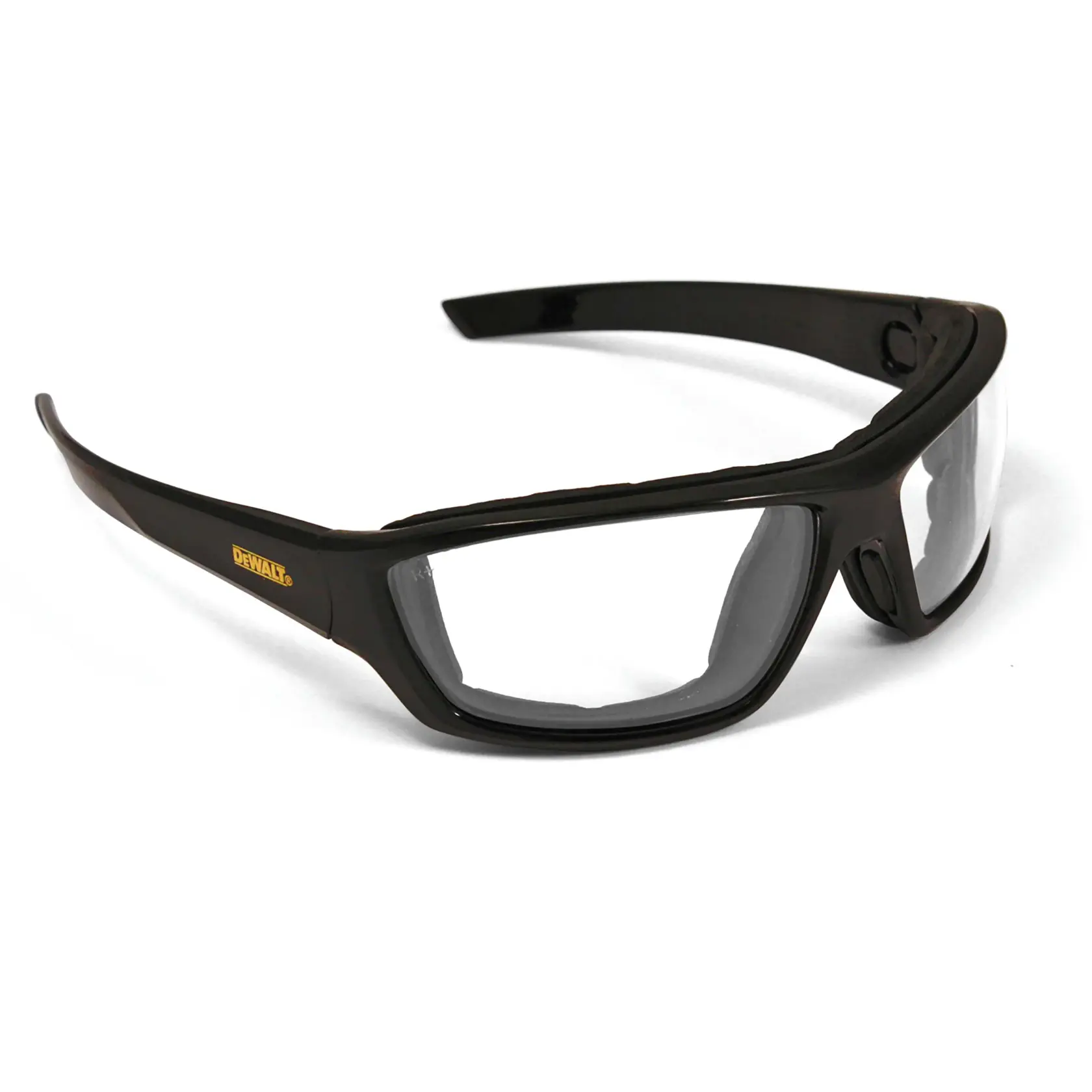 A pair of DEWALT black safety glasses with clear lenses, designed for eye protection during work or photography activities.