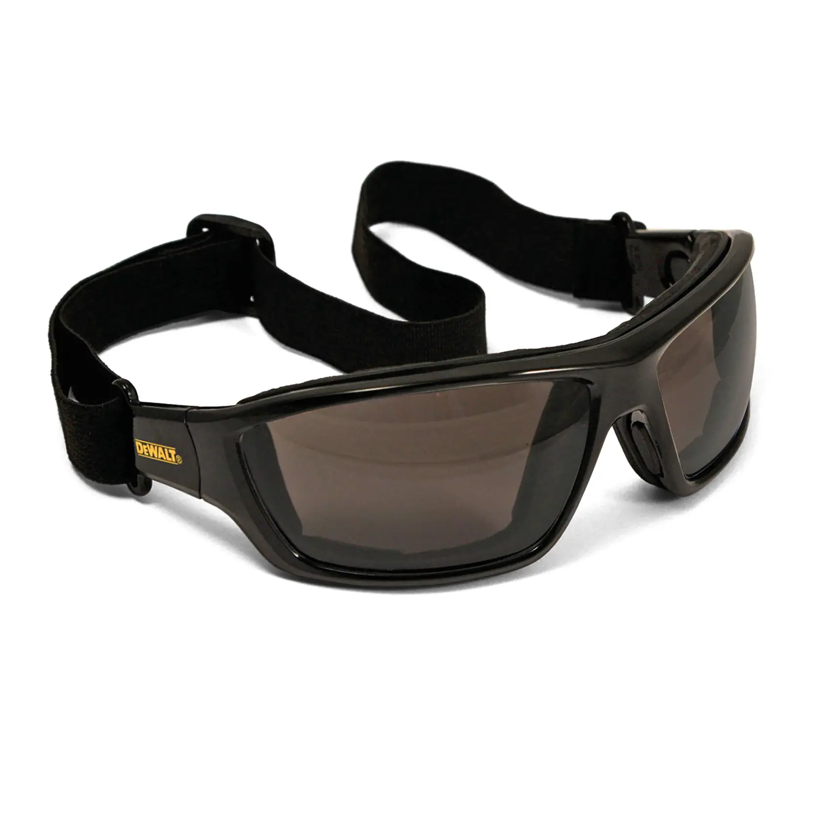 A pair of DEWALT black safety goggles with tinted lenses and an adjustable black elastic strap.