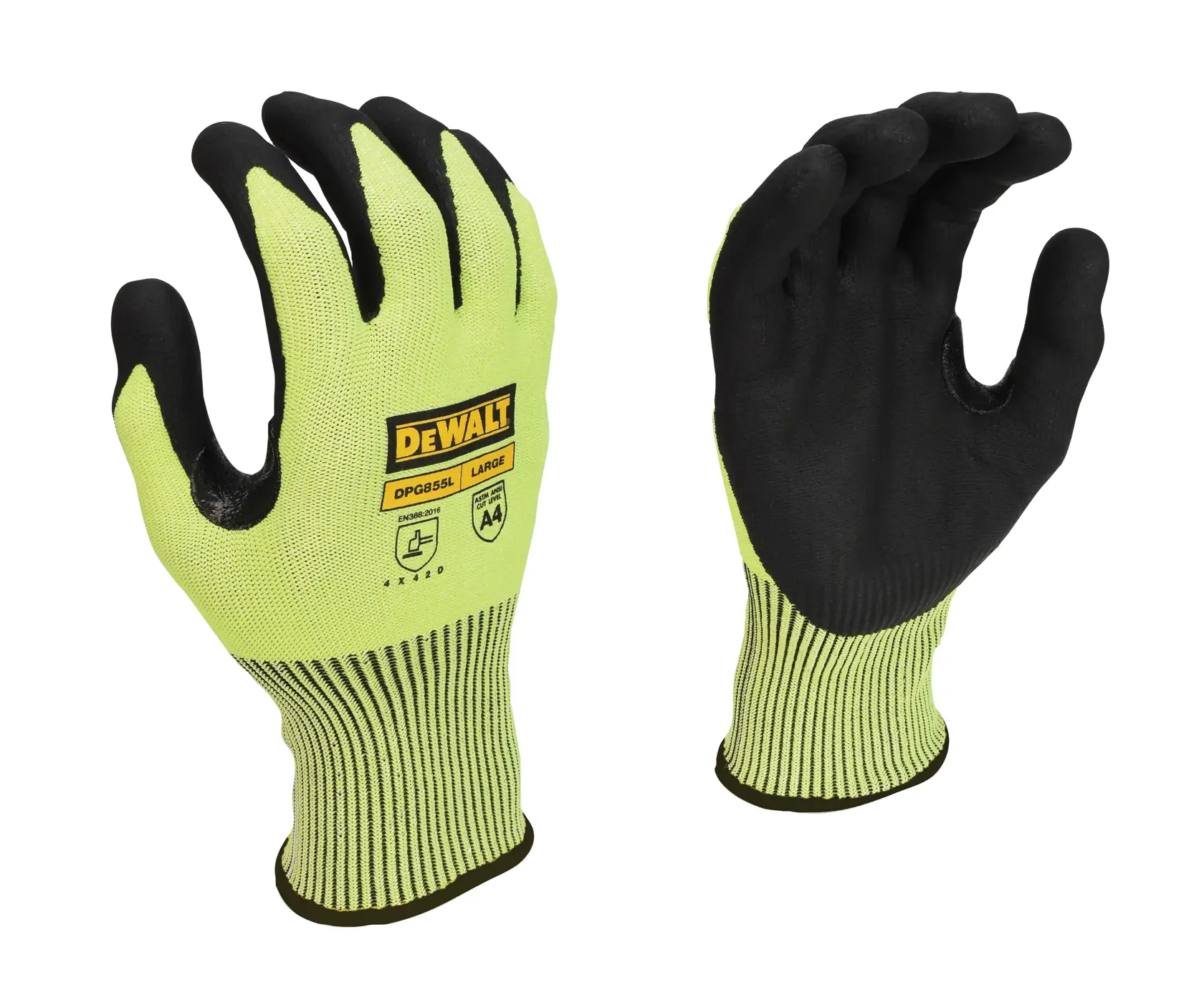 A pair of DEWALT DPG855 large-sized safety gloves in yellow with black coating, designed for protection and durability, displayed against a white background.