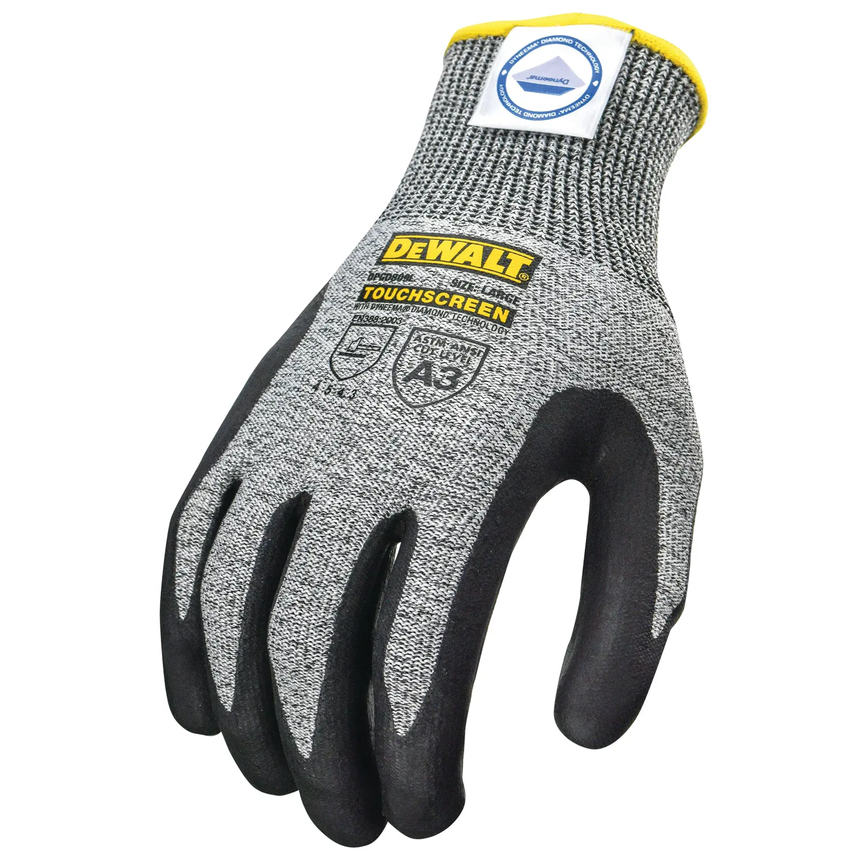 A DEWALT branded safety glove, gray with black fingertips and palm, featuring touchscreen compatibility, anti-cut protection, and reinforced material. Labeled with various certifications and a yellow trim around the wrist.