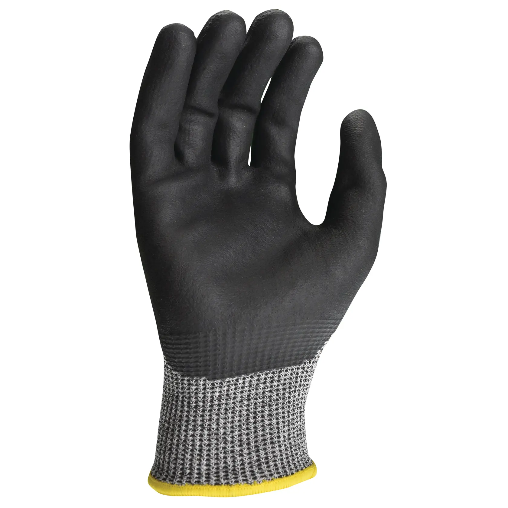 A black industrial work glove with a textured palm and fingers, featuring a gray and white knit wrist cuff with a yellow trim.