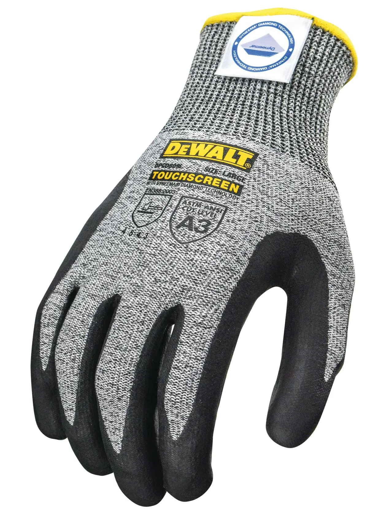 A gray and black DEWALT work glove with touchscreen capability, cut resistance rating printed on the back, and a yellow trim at the cuff.