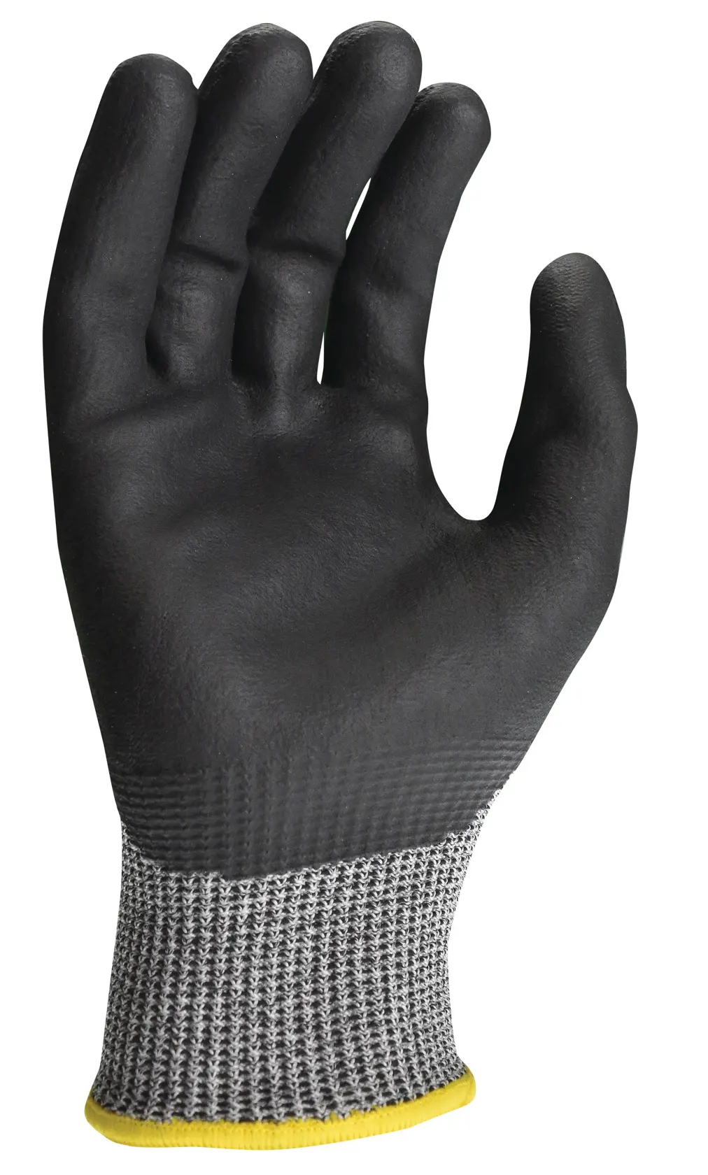 A single black work glove with a textured palm and fingers, featuring a gray and white knit wrist with a yellow trim, shown against a white background.