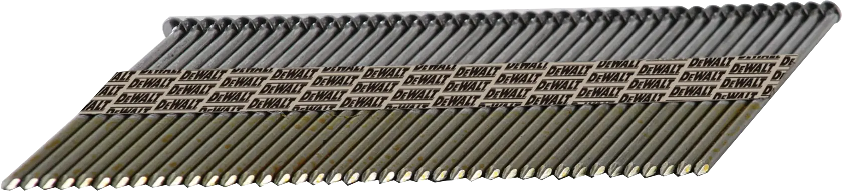A strip of angled framing nails with the DEWALT logo printed on the nail strip. The nails are metallic and positioned in a row for use in a nail gun.
