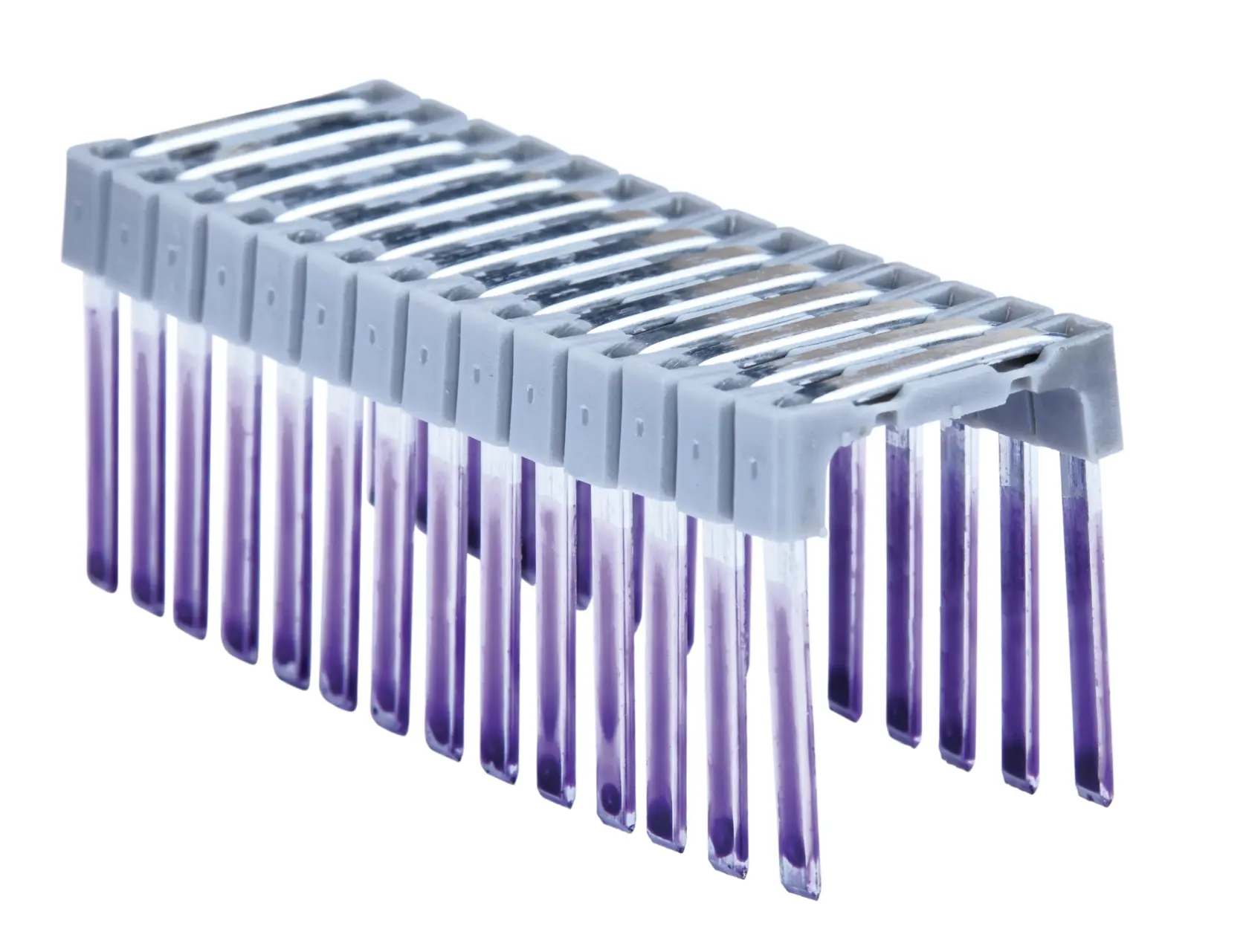 A close-up of a DEWALT plastic comb binding strip with purple binding teeth on a white background.