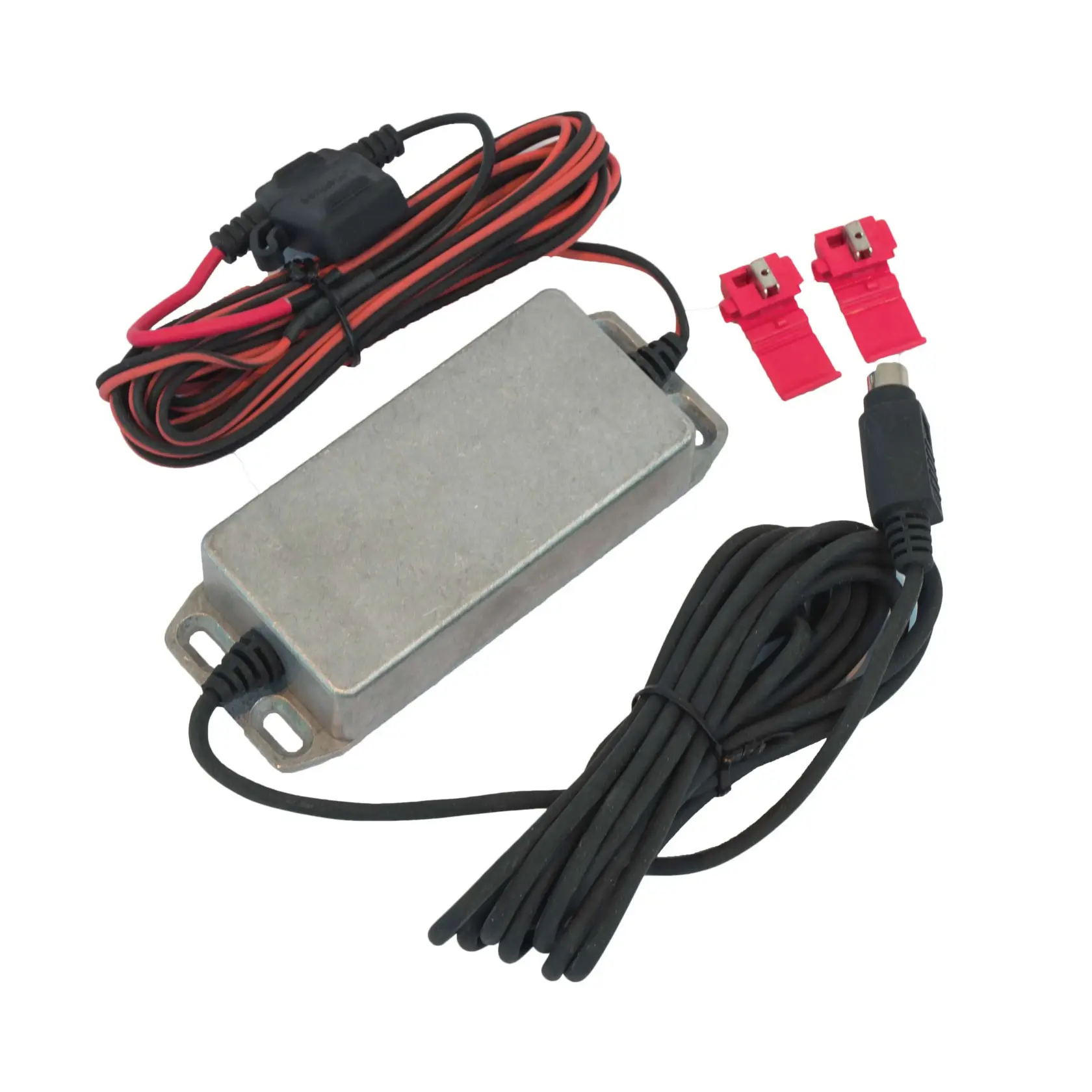 A DEWALT photography accessory kit SKU DS525 including a metal rectangular power adapter box with attached black cable, a red and black wire with fuse holder, and two small red plastic connectors.