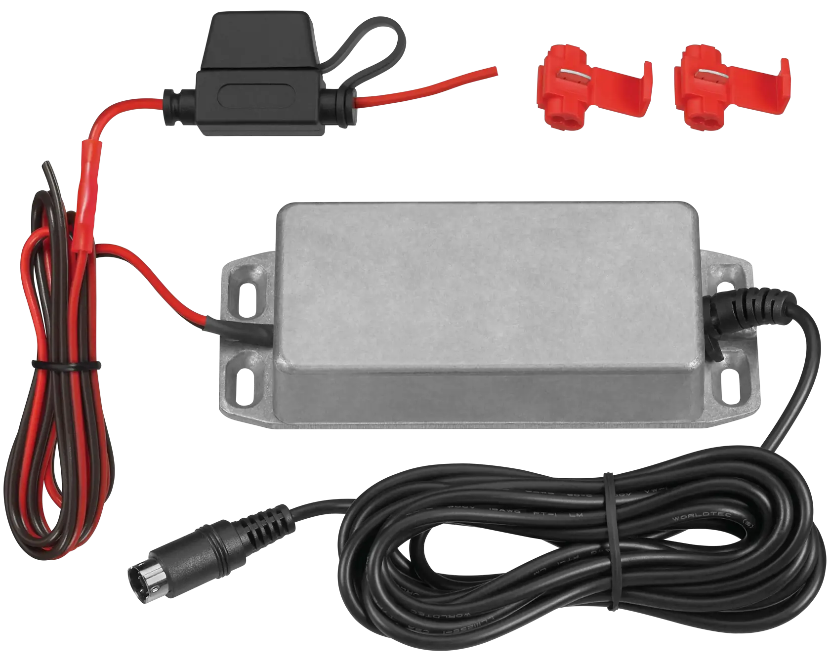 A DEWALT DS525 photography accessory kit featuring a metal rectangular module with mounting holes, red and black electrical wiring, a black connector, two red plastic wire clips, and a coiled black cable with a plug.