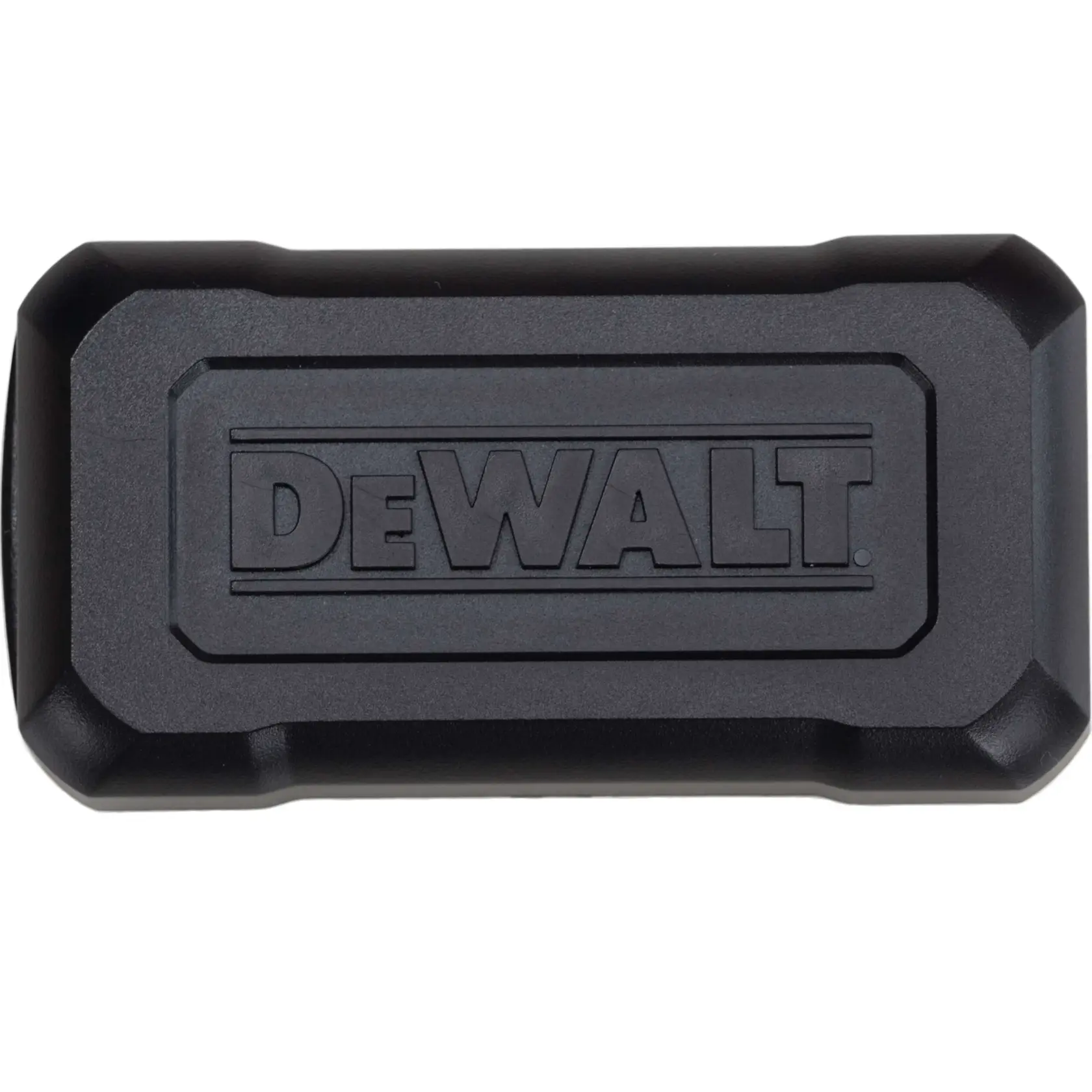 A black, rectangular DEWALT-branded hard case, shown from the top view.
