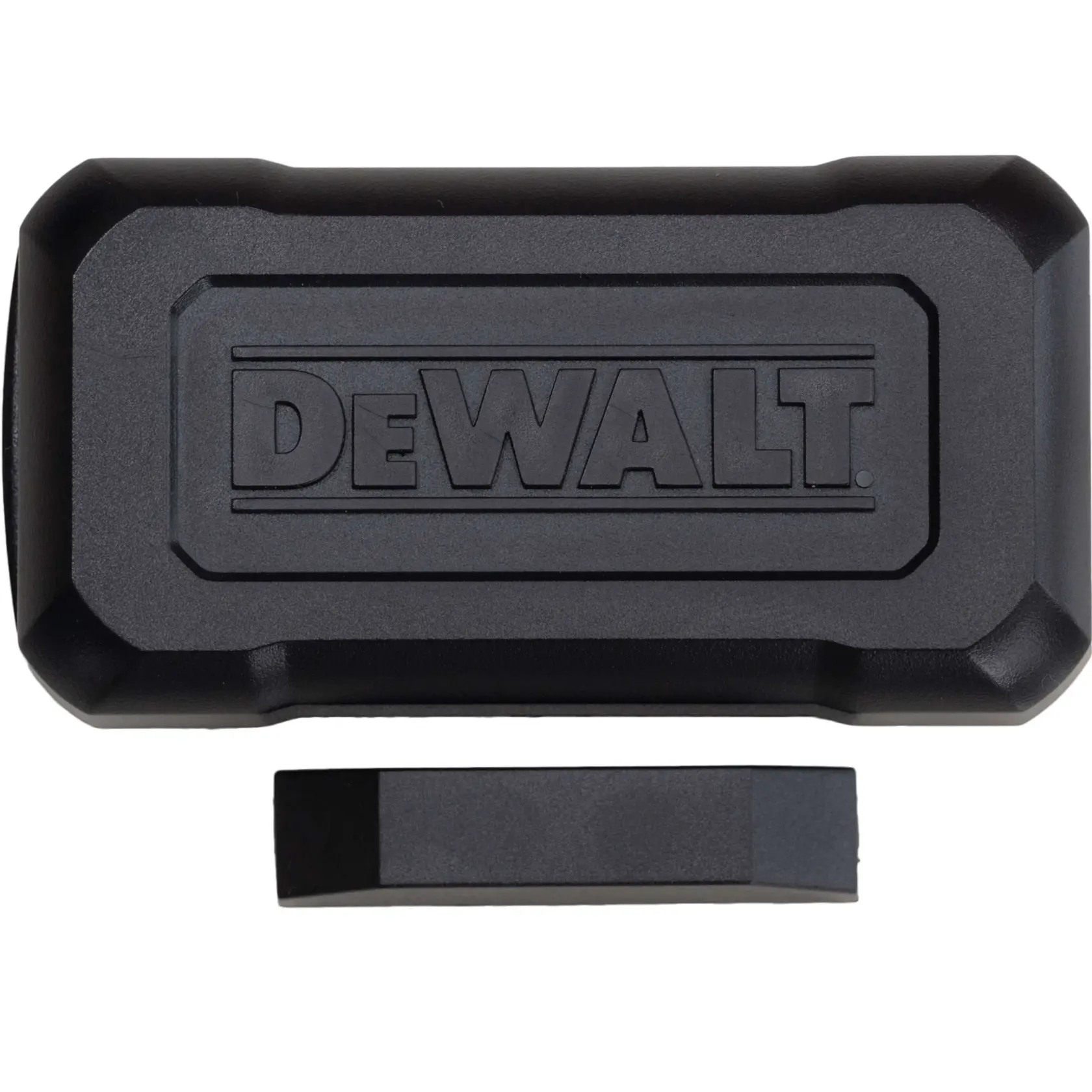 A black rectangular DEWALT-branded hard case, shown from above with the DEWALT logo embossed on the surface. A smaller black rectangular object is positioned below the case.