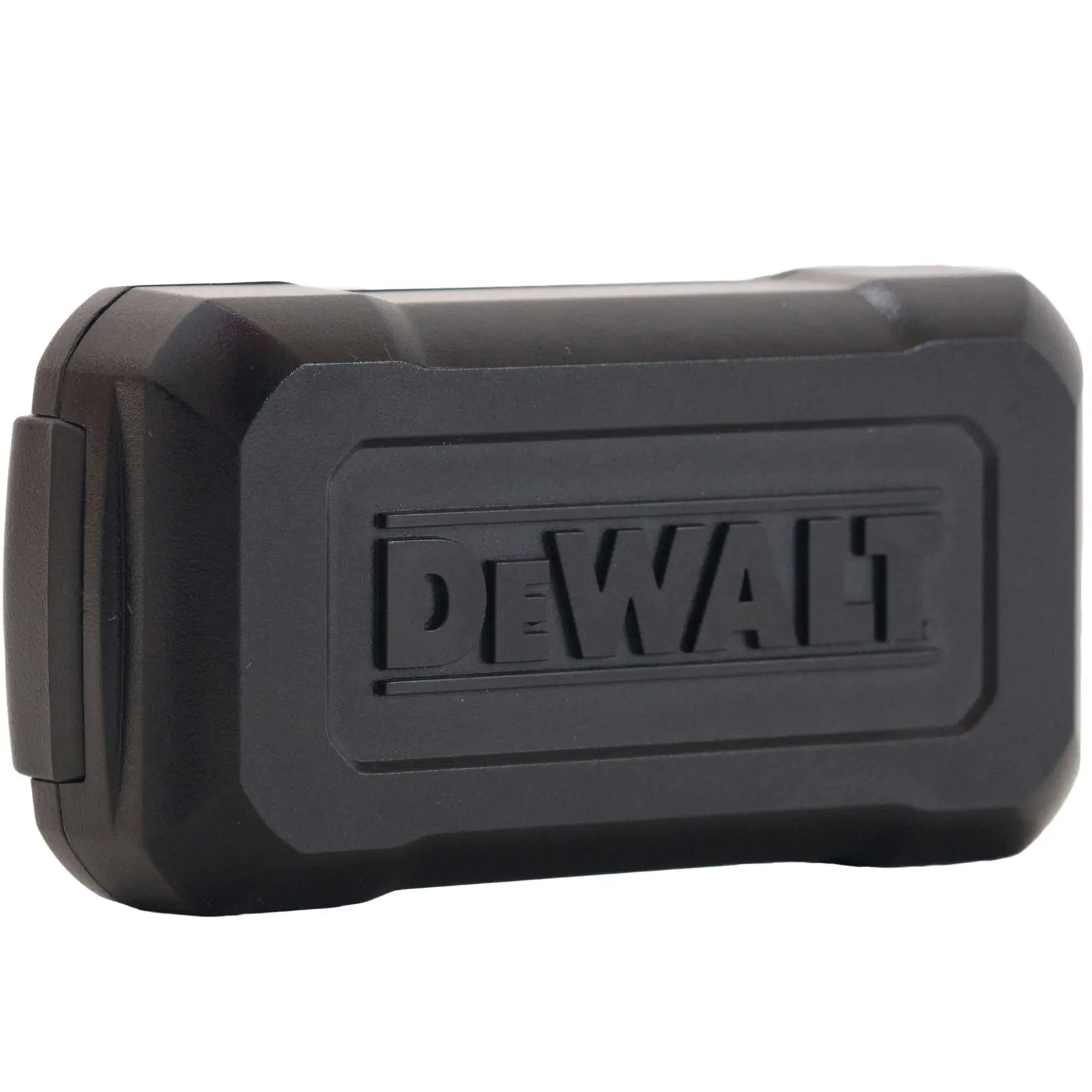 A black hard plastic DEWALT storage case, photographed from an angle showing its sturdy design and branded logo on the front.