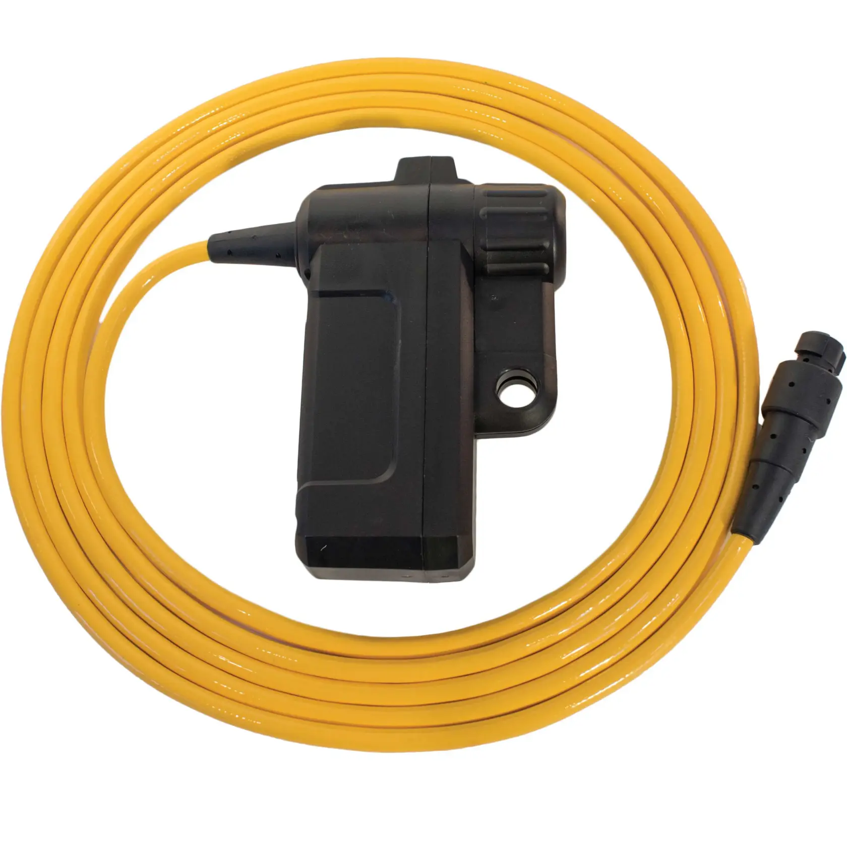 A DEWALT DS630 photography accessory featuring a black device attached to a long coiled yellow cable with connectors at both ends.