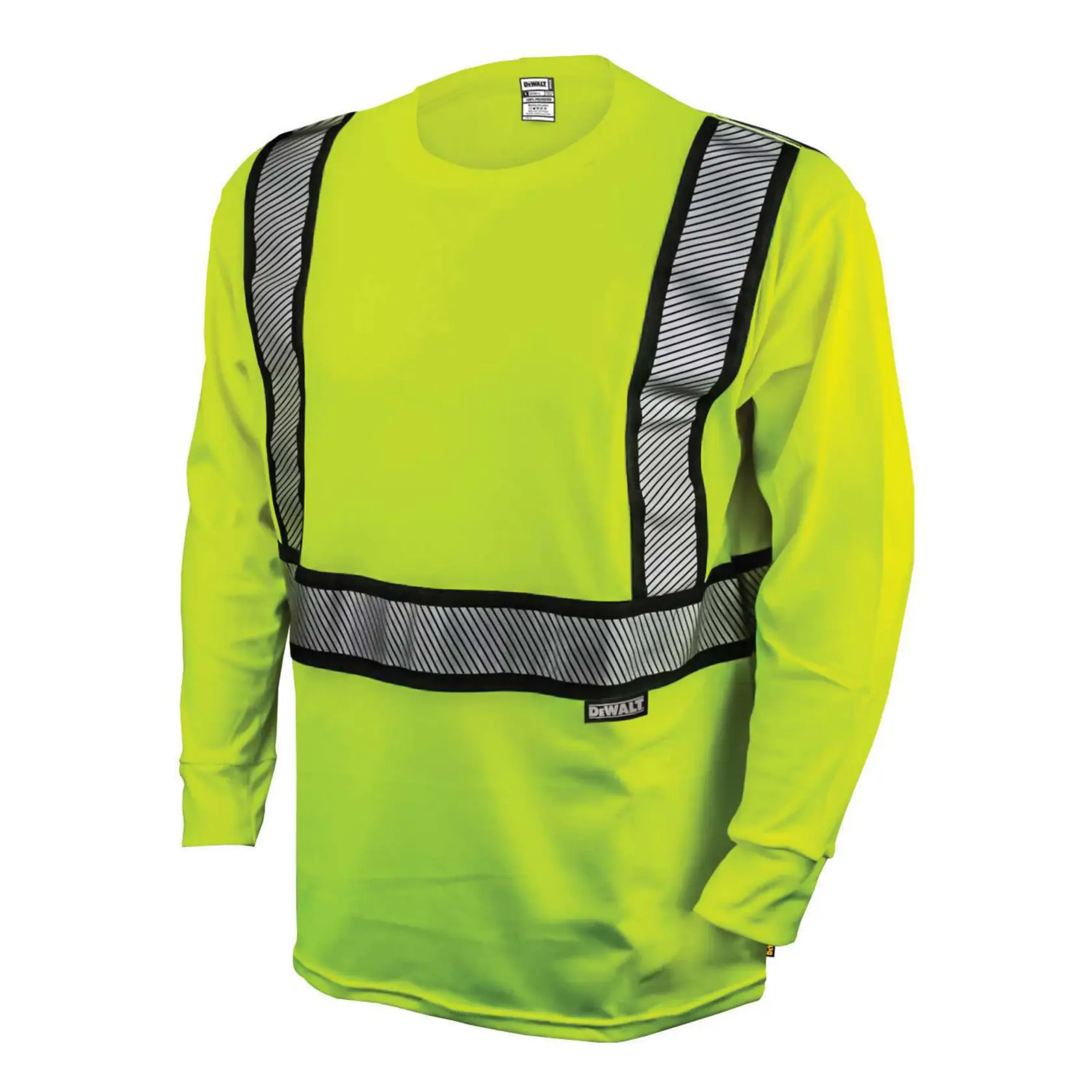 Long-sleeve neon yellow high-visibility shirt with reflective stripes and DEWALT label on the front.