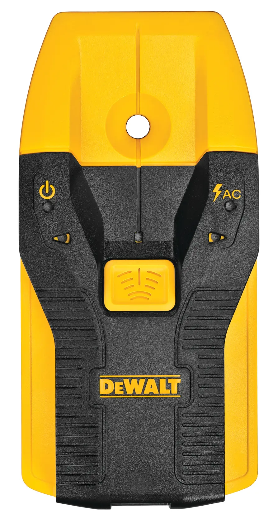 A DEWALT stud finder device in yellow and black, featuring a circular hole at the top, control buttons, and a branded logo at the lower center.