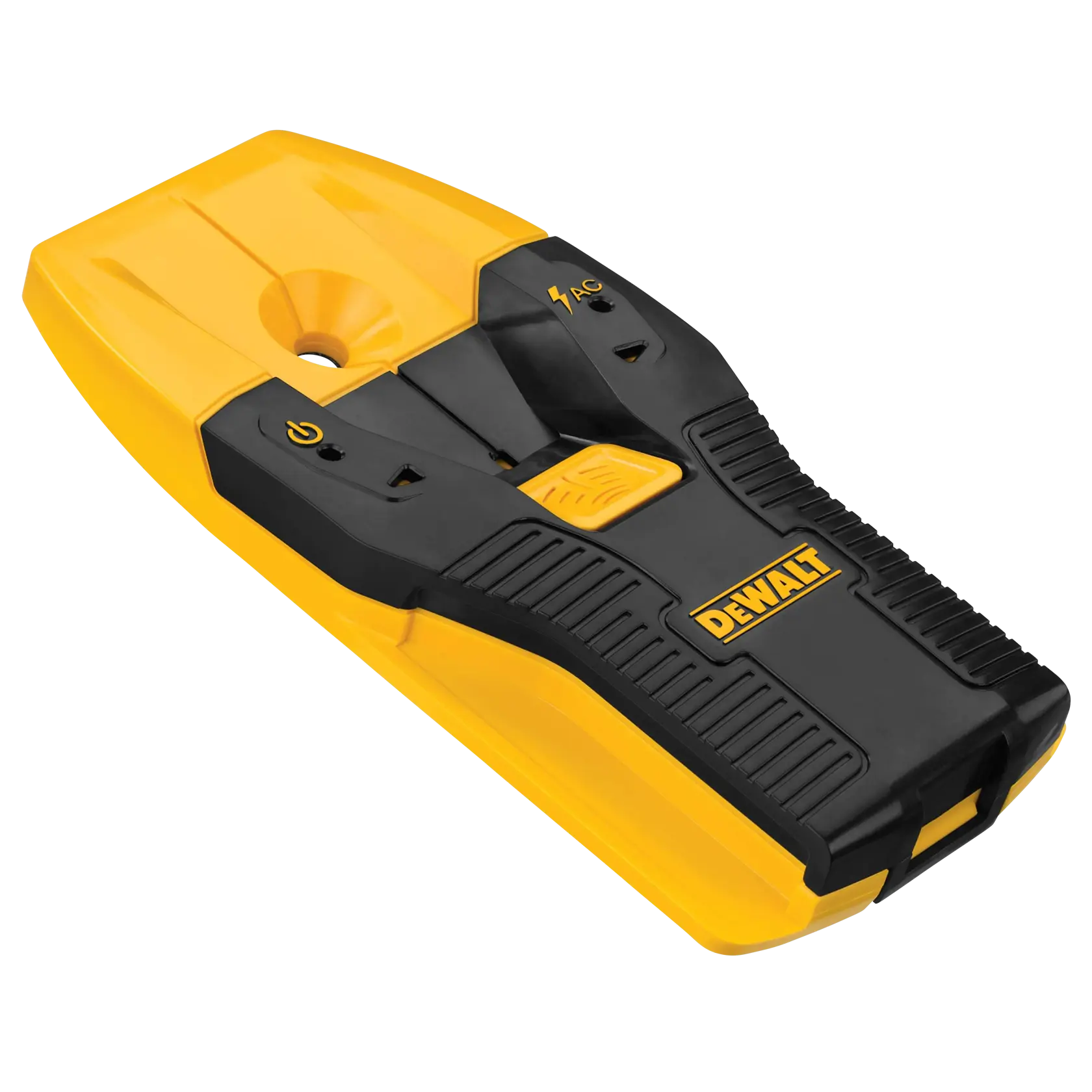 A DEWALT branded electronic stud finder in yellow and black color, designed for locating studs, AC wires, and other objects behind walls.
