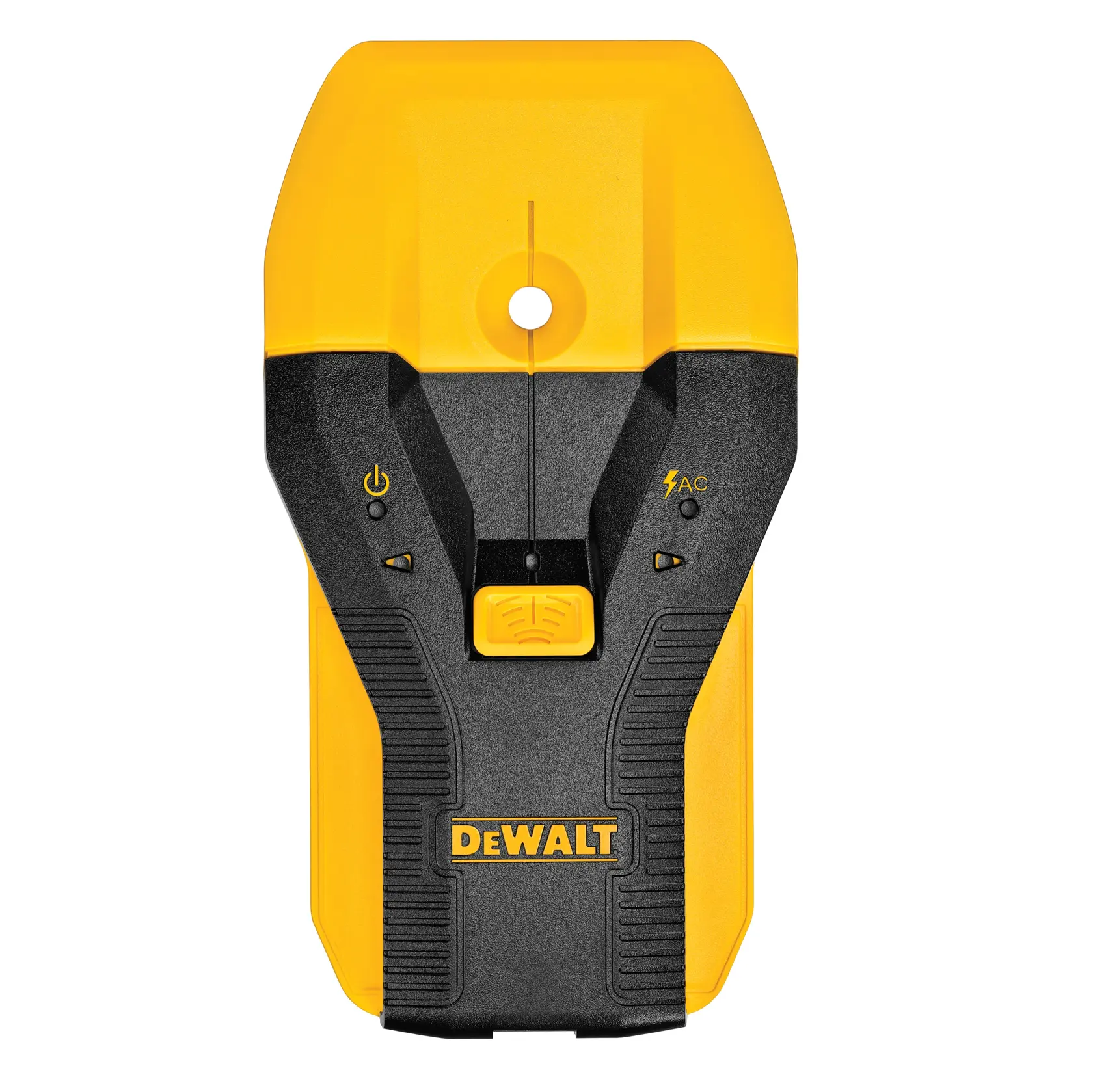 Front view of a DEWALT electronic stud finder with a yellow and black design, displaying power and AC detection indicators.