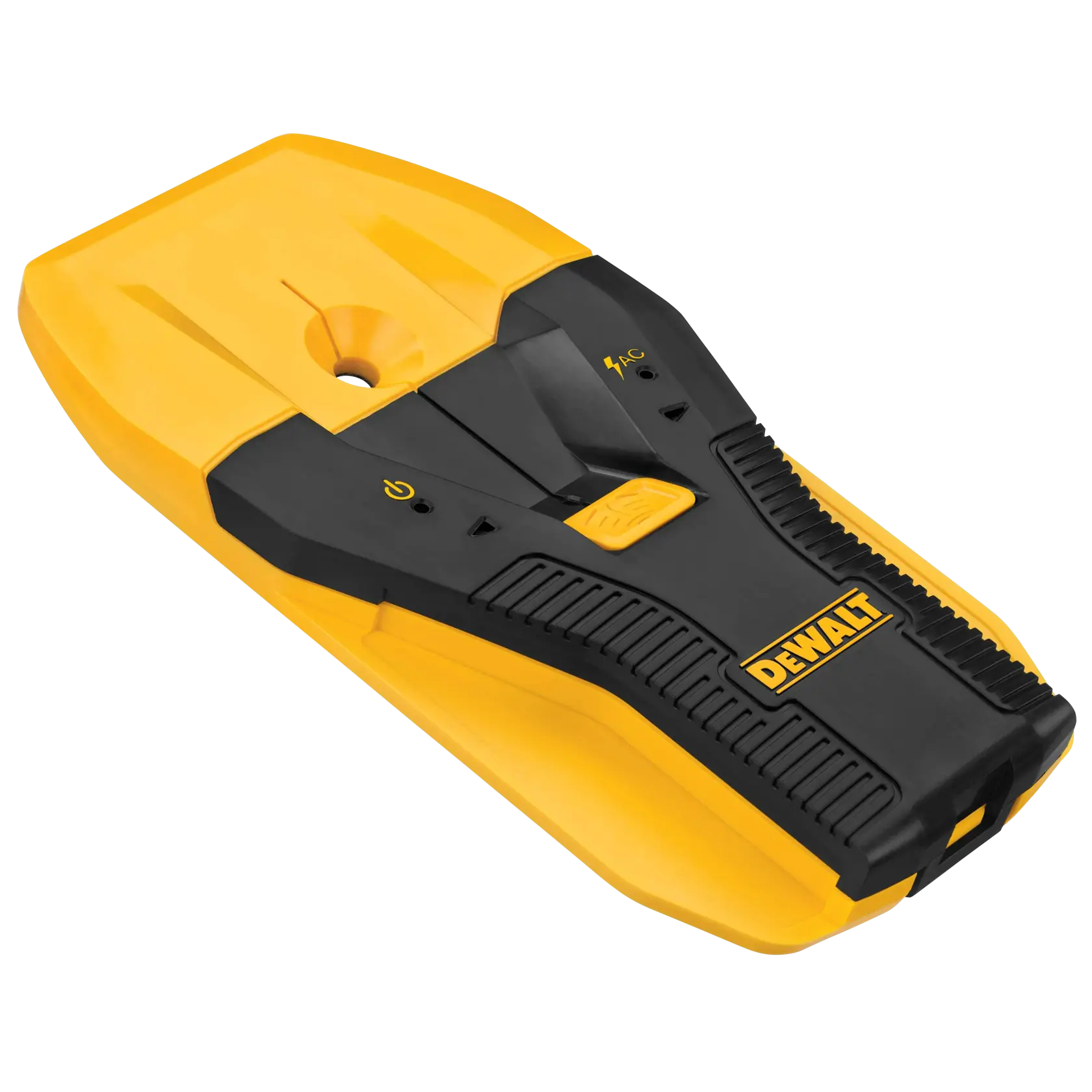 A DEWALT DW0150 stud finder with a yellow and black design, featuring the DEWALT logo and several buttons and indicators on its surface.