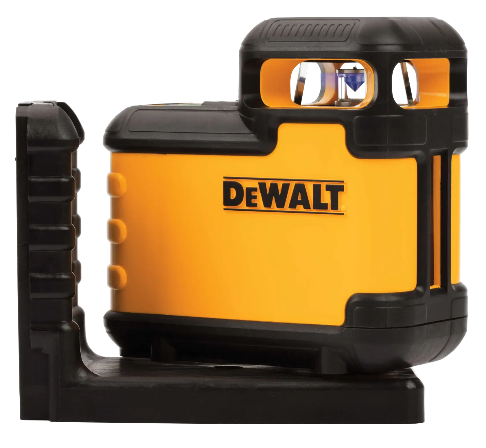 A DEWALT branded yellow and black laser level tool mounted on a black base, designed for precise leveling and alignment tasks in photography and construction.