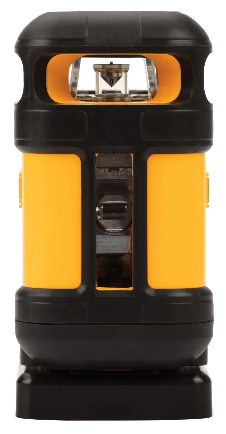 A DEWALT-branded yellow and black rotary laser level device, shown standing upright with a clear view of its laser mechanism and durable casing.