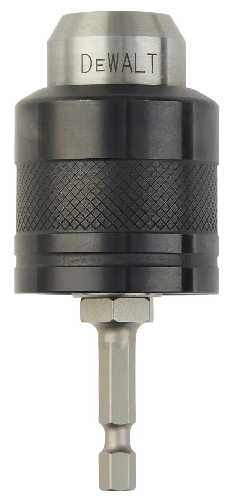 A DEWALT branded black and silver drill chuck adapter with a hex shank for connecting to power tools, shown against a white background.