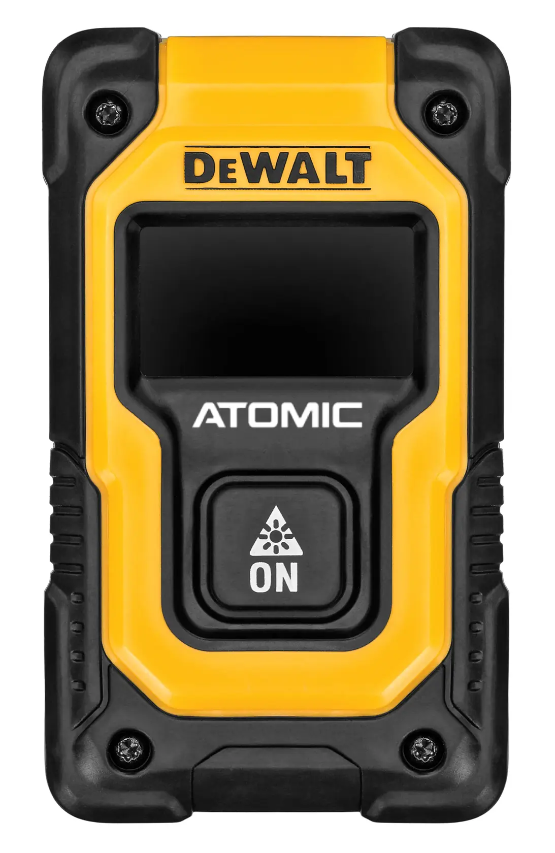 Front view of a DEWALT ATOMIC branded handheld electronic device in yellow and black color, featuring an 'ON' button below a screen.