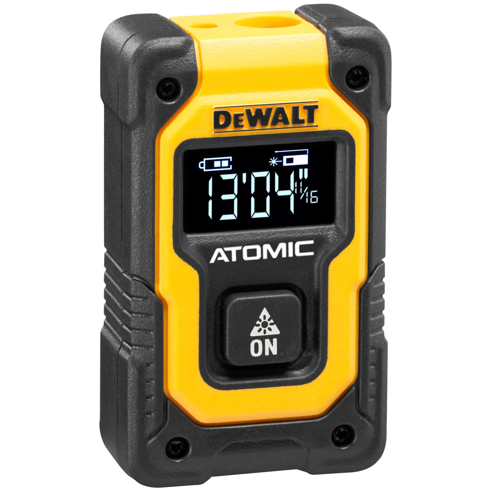 A DEWALT branded ATOMIC series laser distance measurer with a digital display showing measurement values and an ON button, featuring a rugged yellow and black casing.