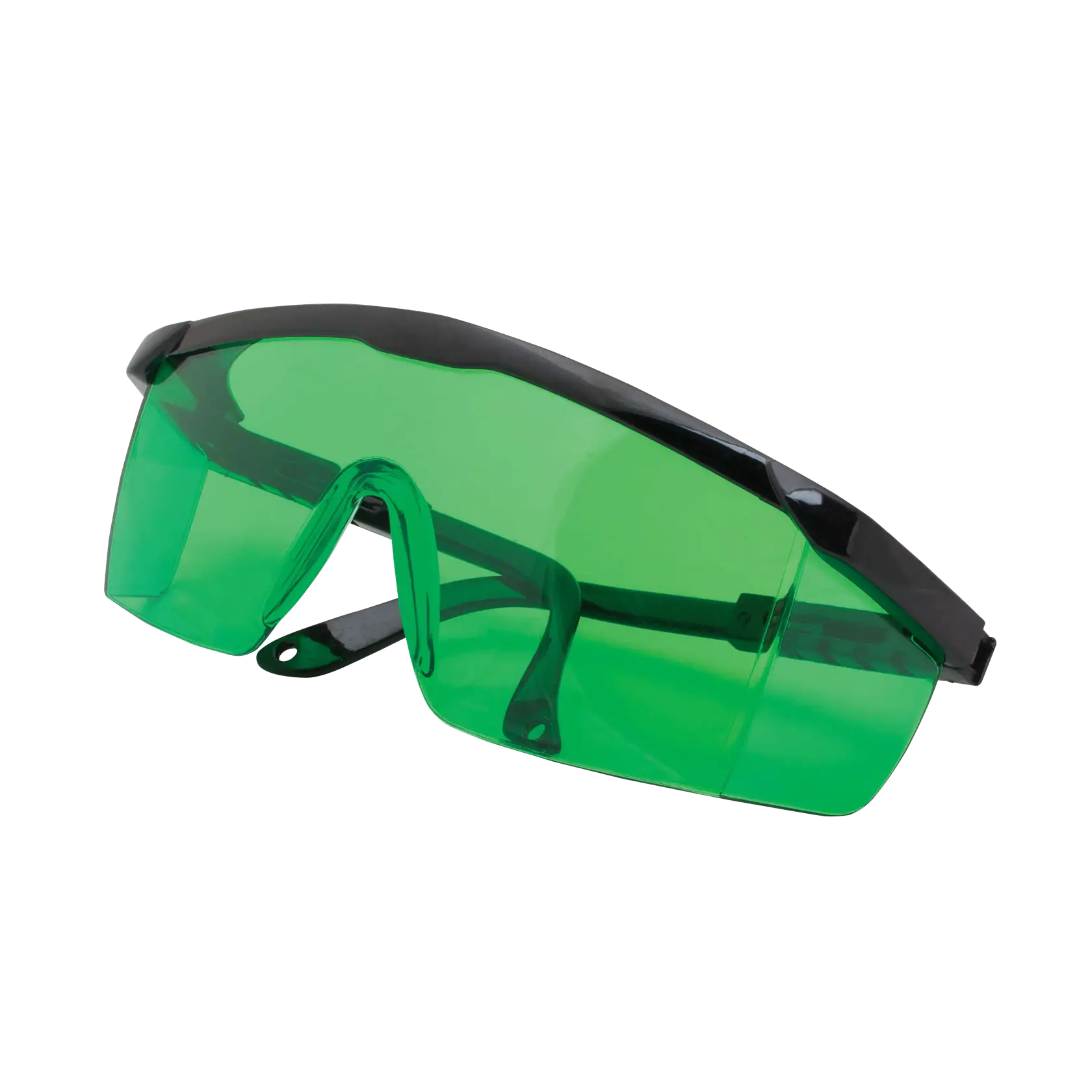 A pair of green-lens safety glasses with a black frame, designed for eye protection.