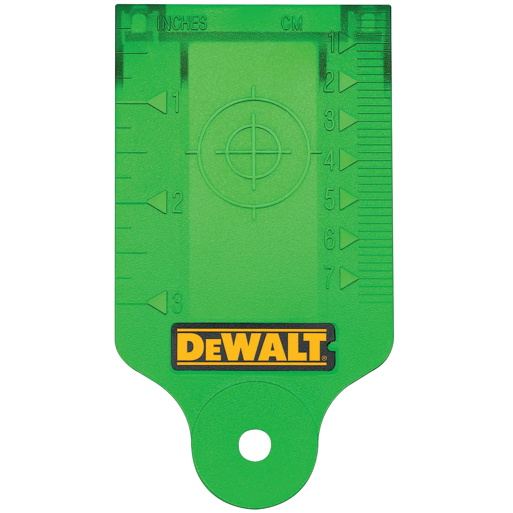 A green DEWALT laser target card with measurement markings in inches and centimeters, and a central target circle design.
