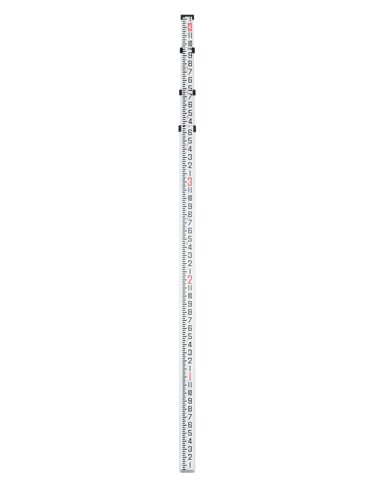 A vertical leveling rod with numeric markings used for surveying and measuring elevation, shown against a white background.