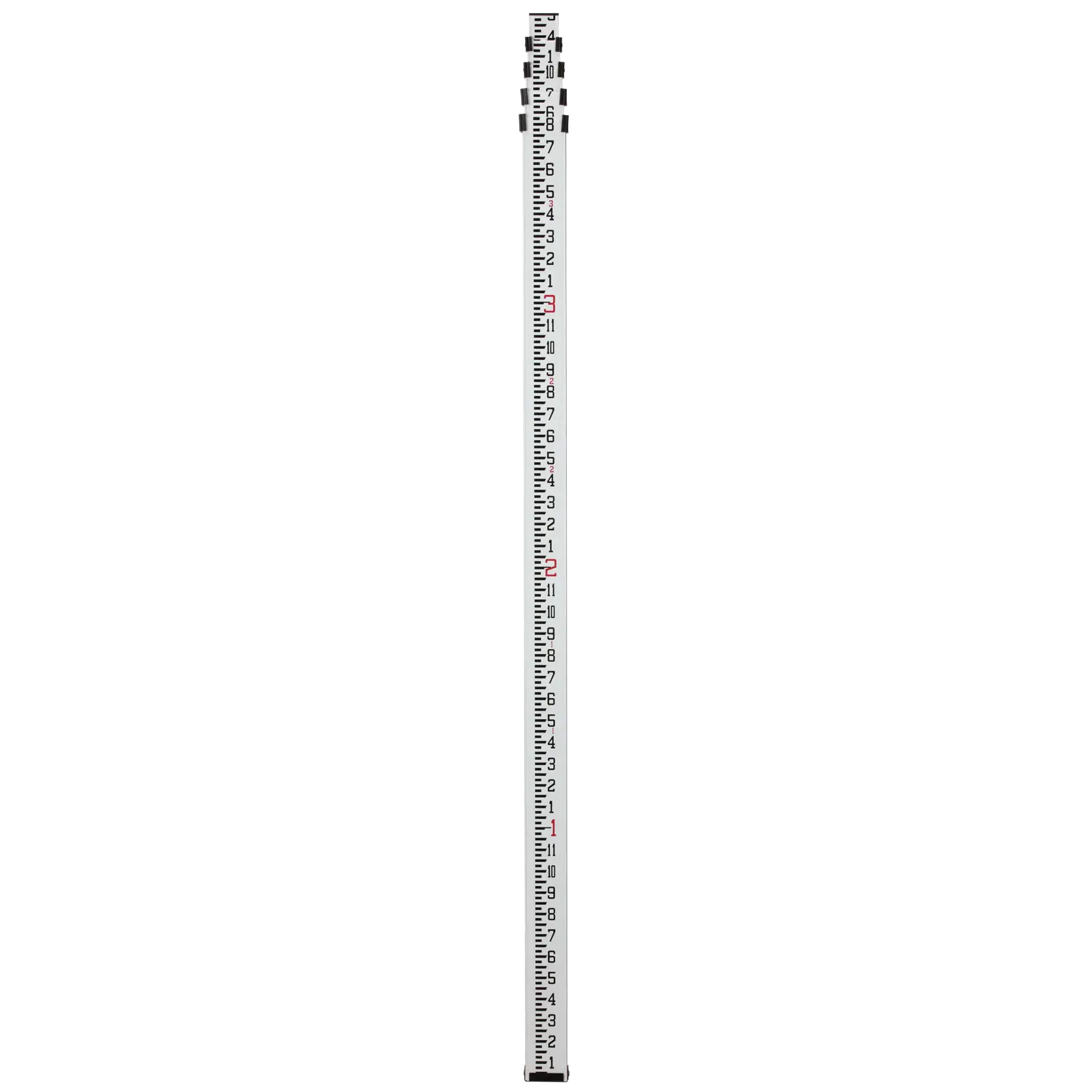 A vertically standing leveling rod with measurement markings in black and red, used for surveying and construction applications.