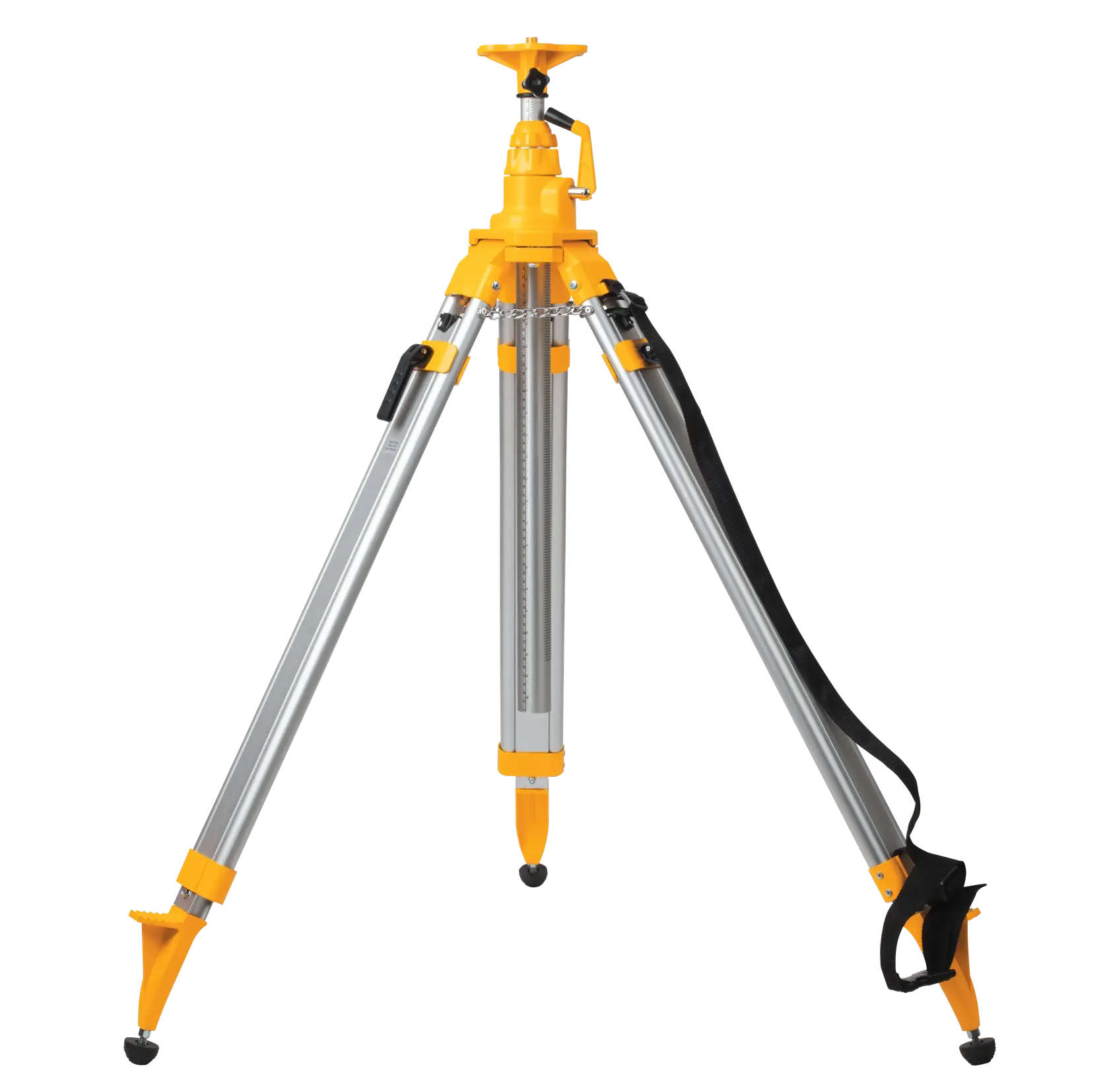A DEWALT DW0735 aluminum tripod for photography, featuring three adjustable legs with yellow accents, a central height adjustment mechanism, and a carrying strap, shown against a white background.