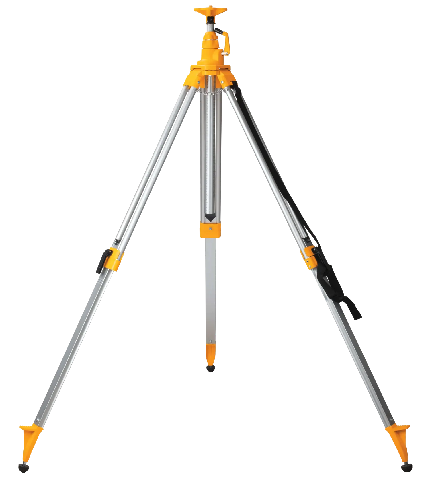A metal tripod with three extendable legs and yellow plastic connectors, designed for mounting photography or surveying equipment, shown on a white background.