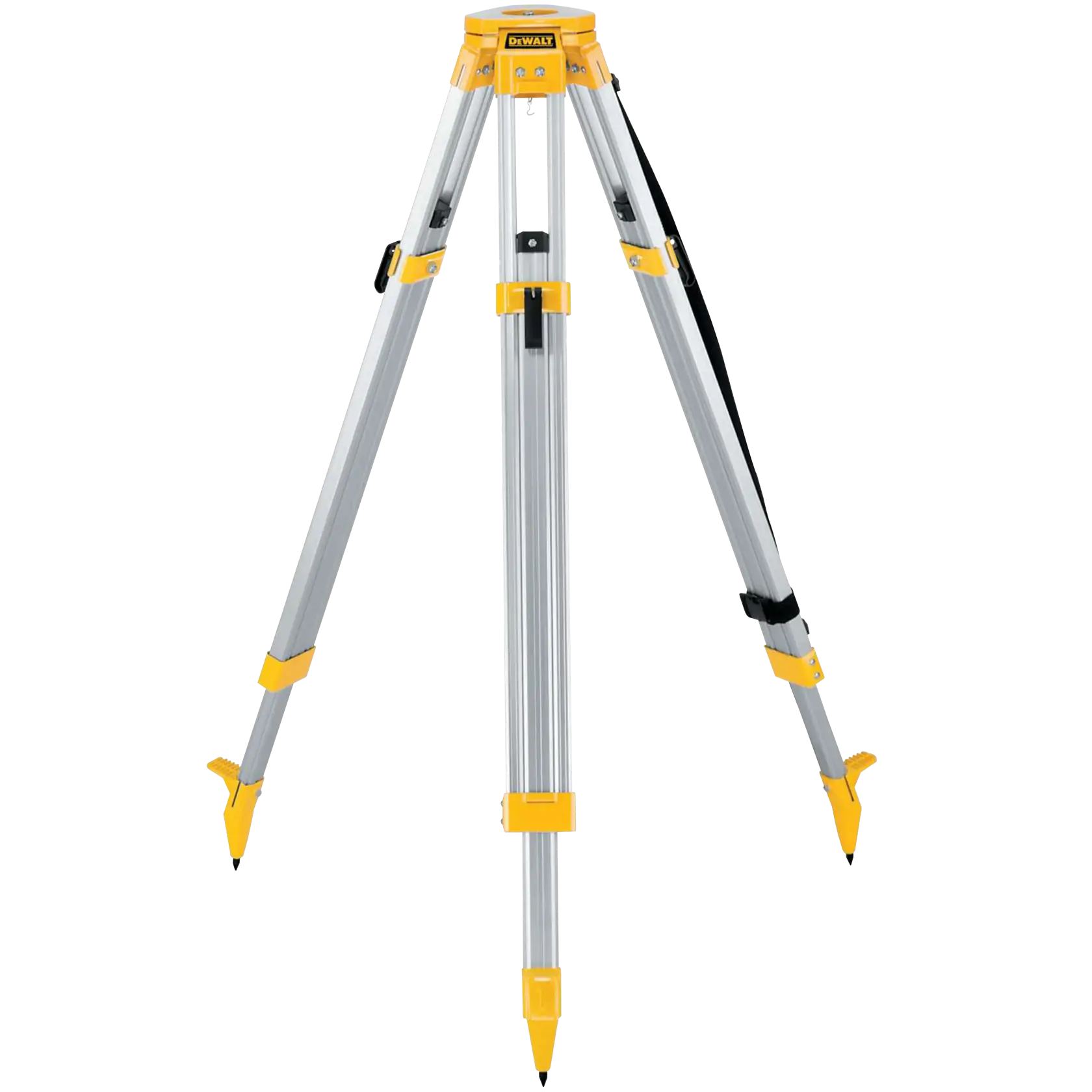 A DEWALT aluminum tripod with yellow accents, designed for supporting photography, survey, or laser equipment. The tripod features adjustable legs and pointed feet for stability.