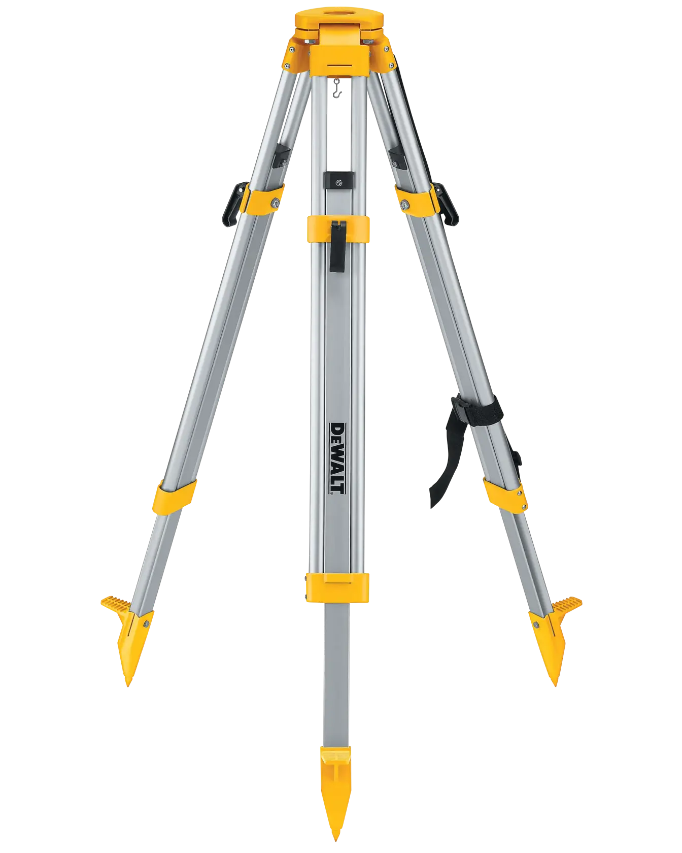 A DEWALT DW0737 aluminum tripod with yellow accents, designed for photography or surveying equipment, featuring adjustable legs and pointed feet for stability.