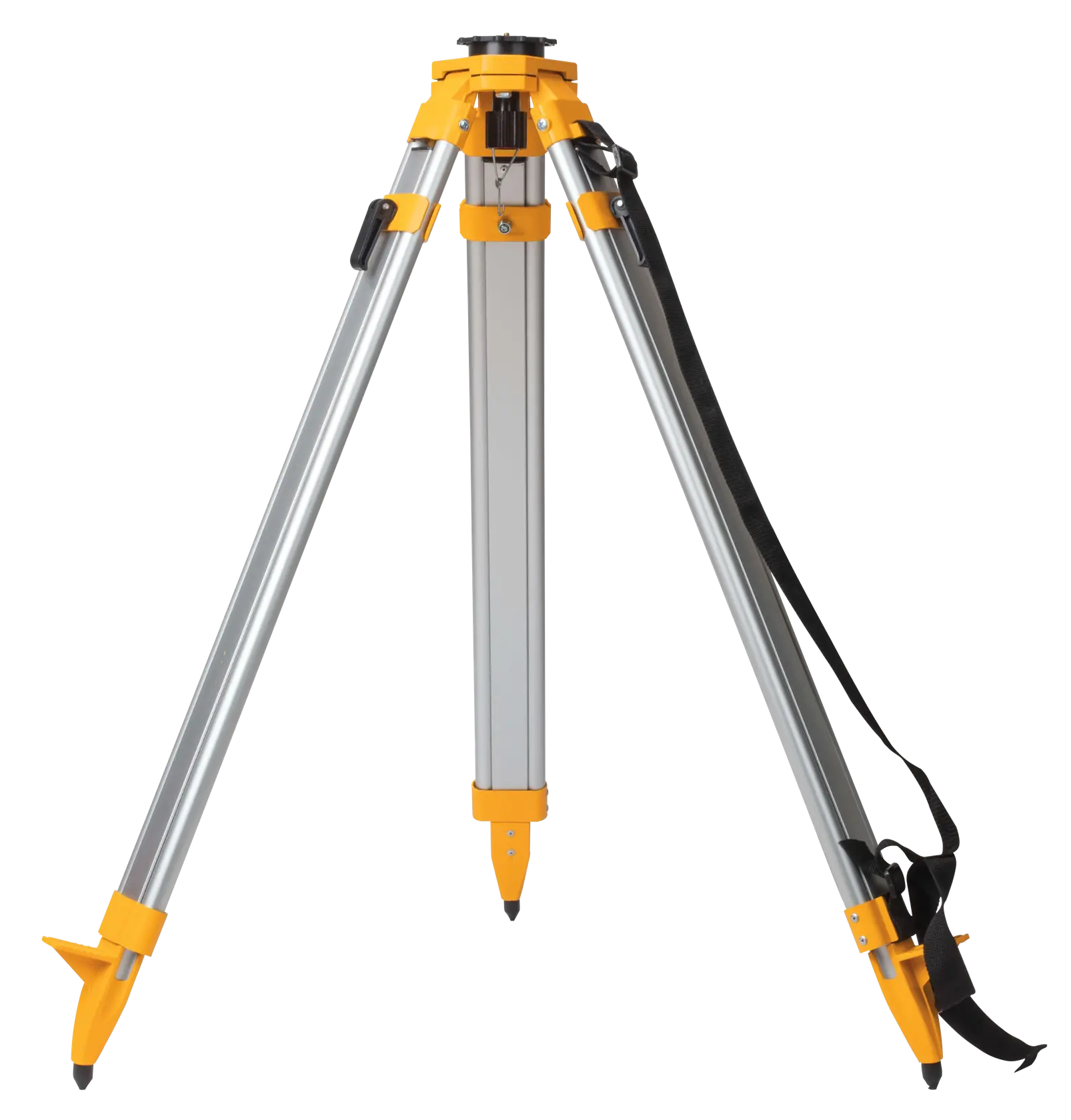 A DEWALT DW0737 aluminum tripod with adjustable legs and pointed feet, designed for photography and construction site leveling equipment. It features a yellow and silver color scheme and has a black carrying strap attached to one leg.