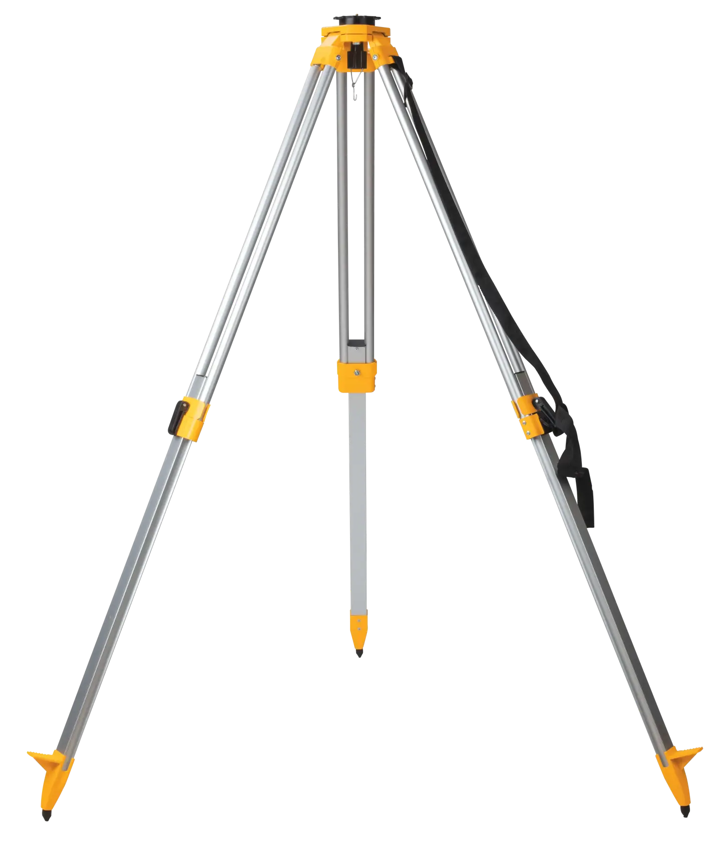 A DEWALT DW0737 aluminum tripod with yellow accents, featuring adjustable legs and a shoulder strap, used for photography or mounting devices, standing on a white background.