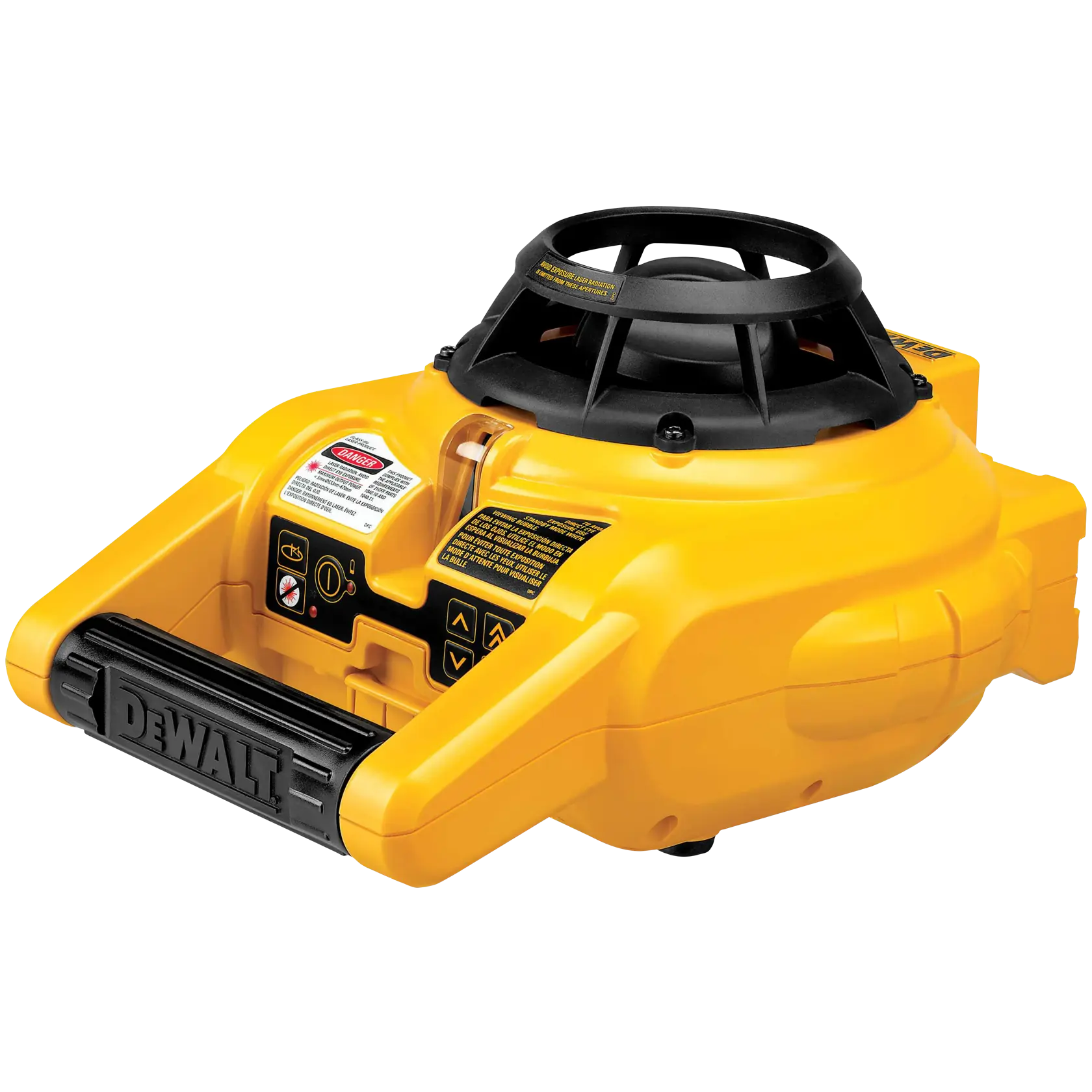 A yellow DEWALT rotary laser level device, model DW074KD, with a black handle and control buttons, designed for precise leveling and alignment in construction or photography applications.