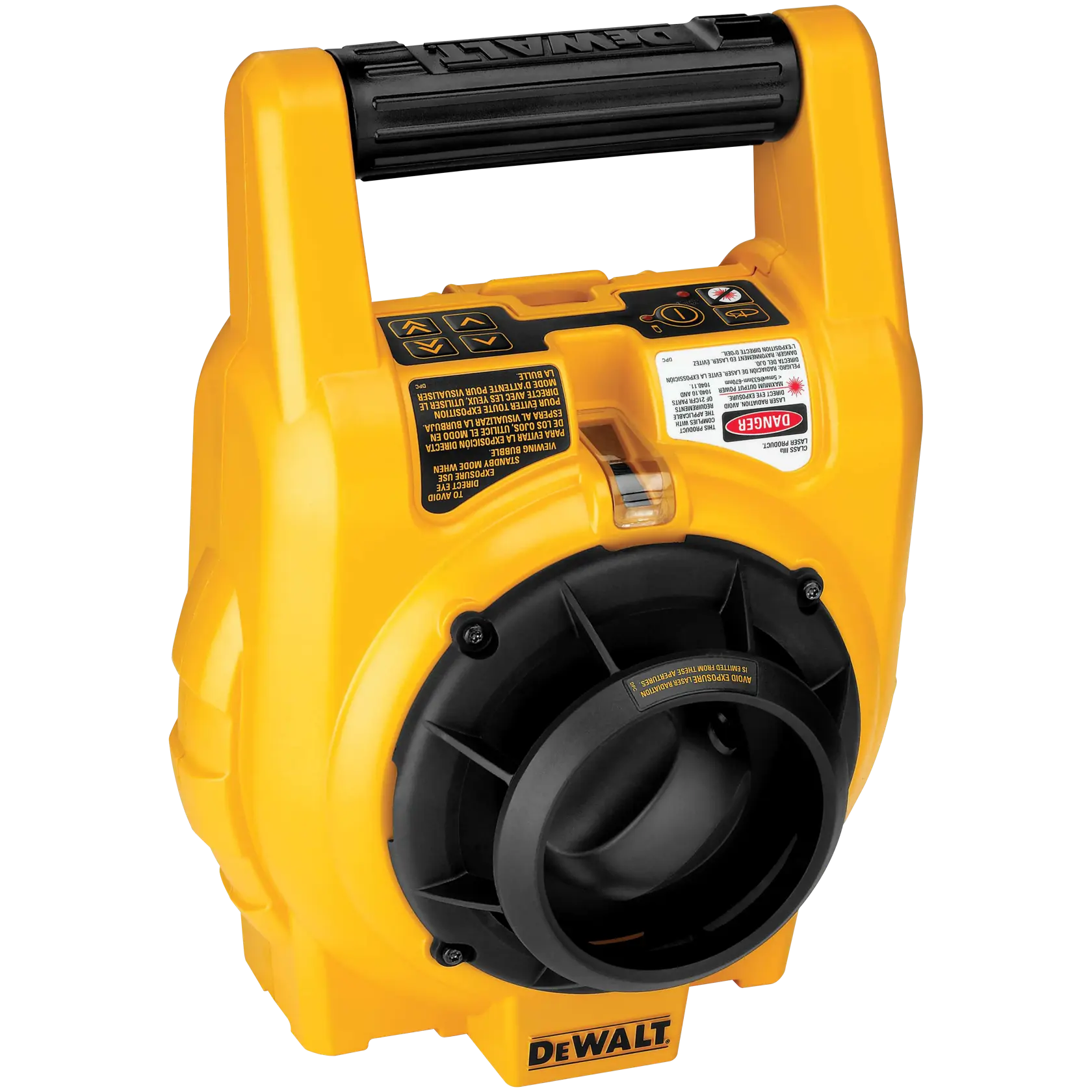 A close-up image of a yellow DEWALT laser level tool, featuring a black handle, warning labels, and a lens on the front for projecting a laser.