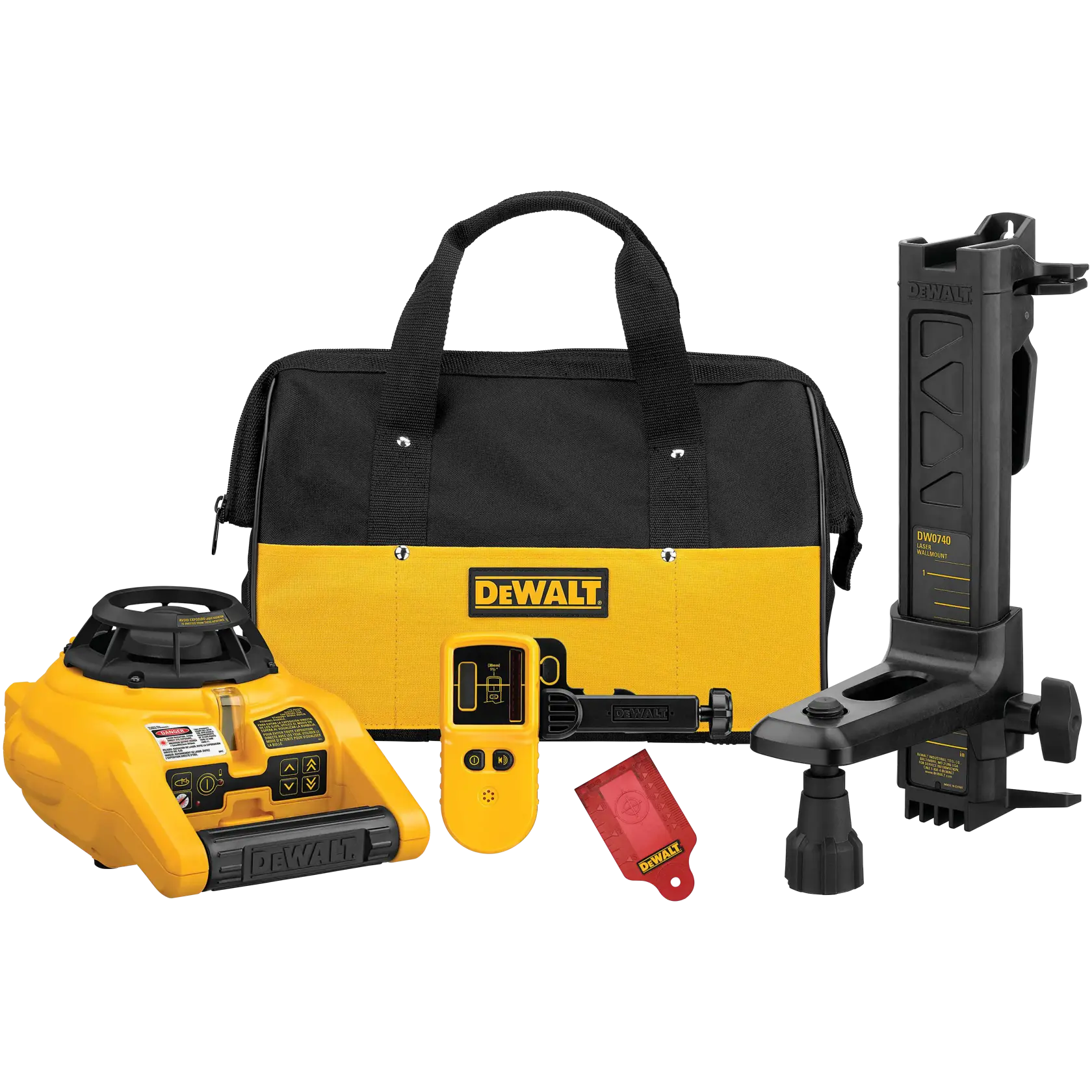 DEWALT DW074KD rotary laser level kit with yellow and black carrying bag, laser level device, receiver, mounting bracket and accessories.