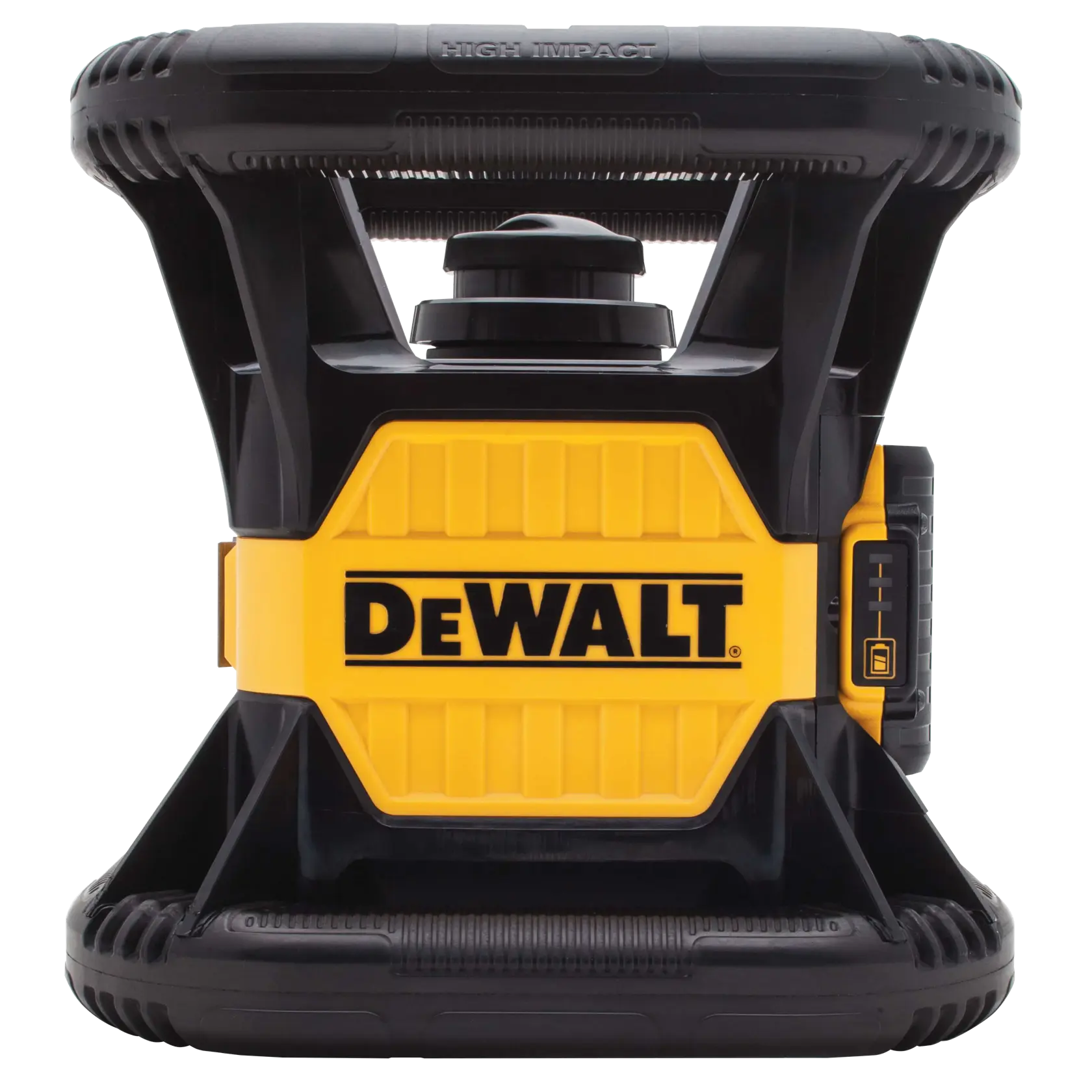 Front view of a DEWALT DW074LR rotary laser level featuring a rugged black and yellow design with the DEWALT logo prominently displayed on the center.