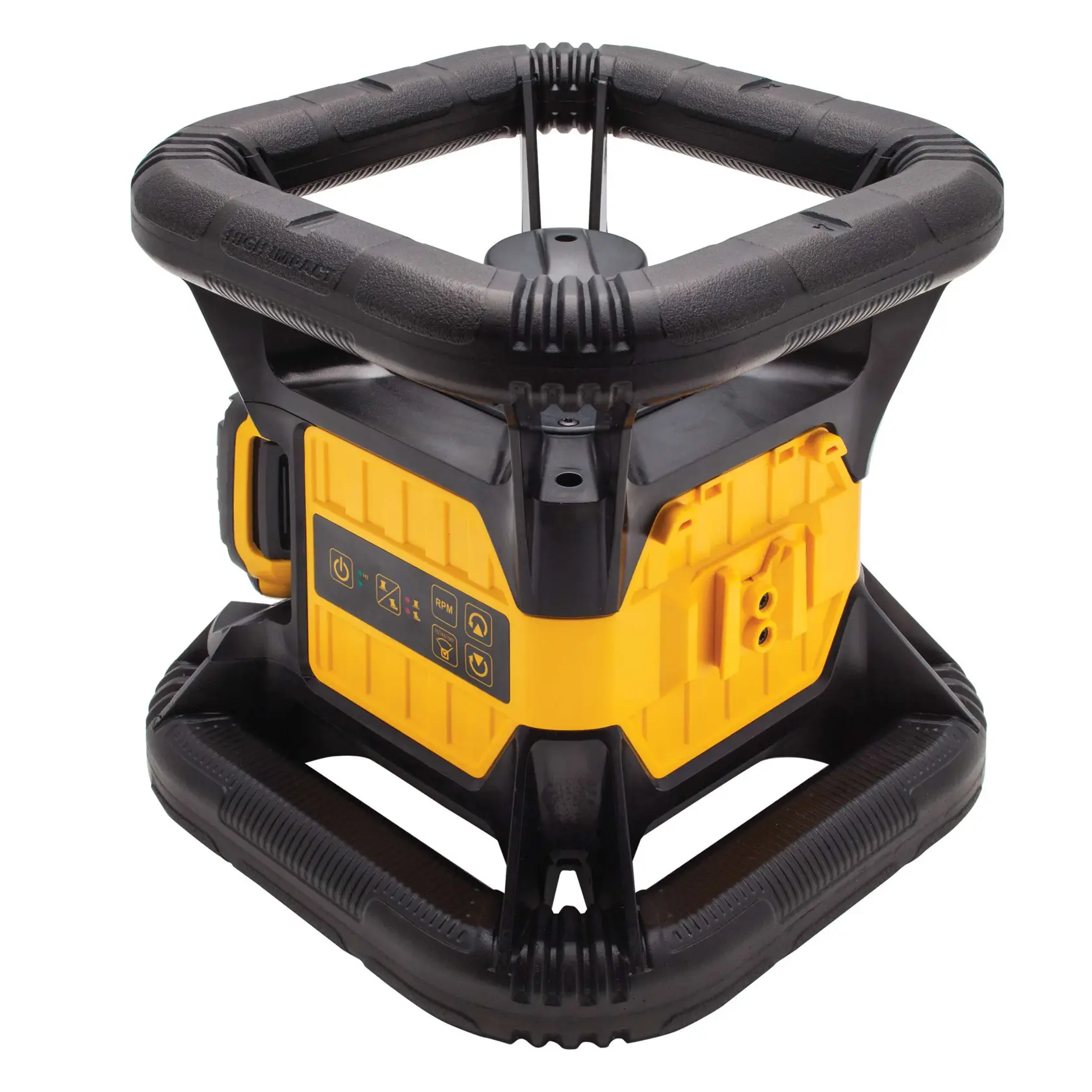 DEWALT DW074LR rotary laser level device with protective black and yellow casing, featuring control buttons on the side.