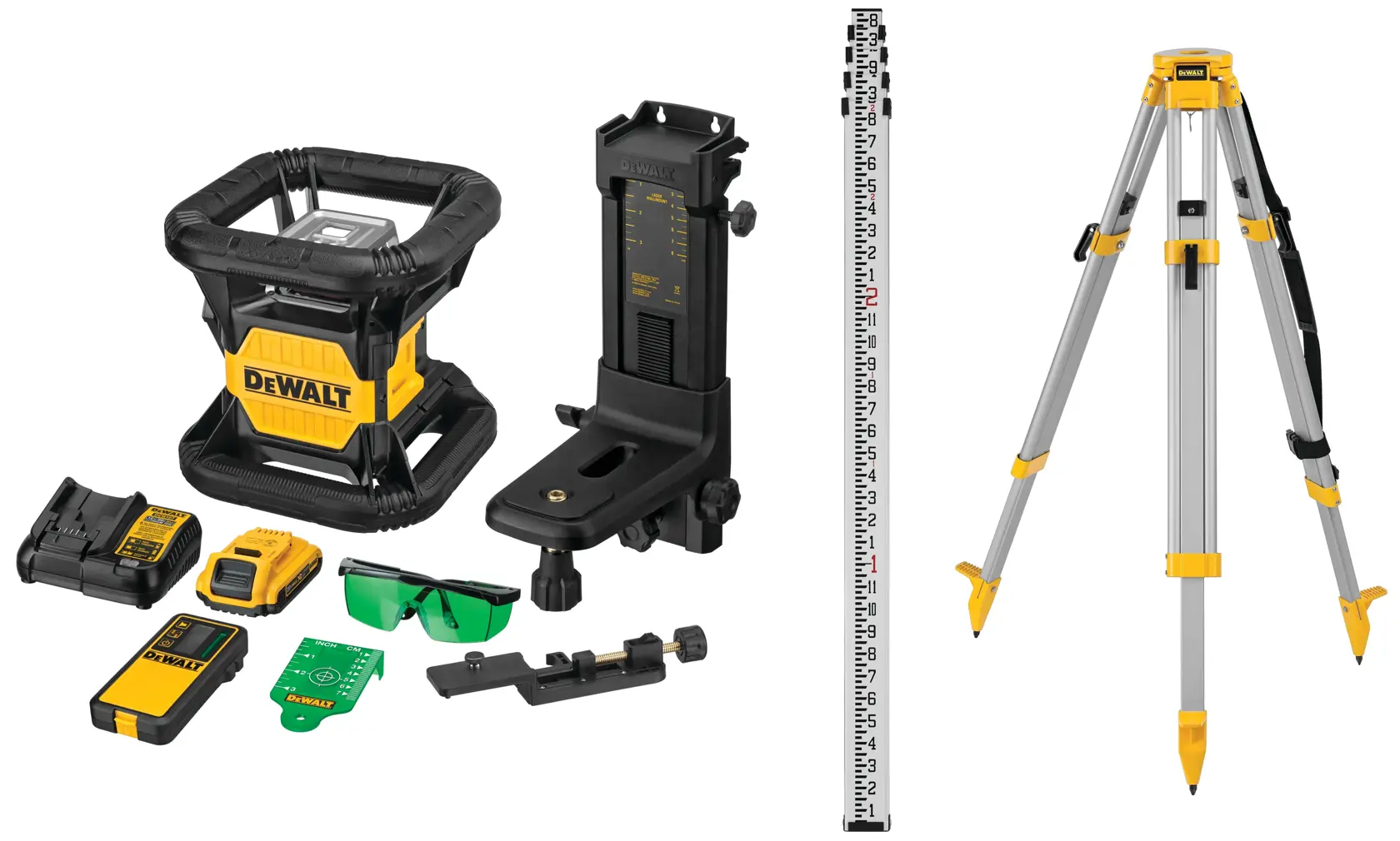 DEWALT laser level kit with accessories, including a laser level unit, tripod, measuring stick, battery, charger, green safety glasses, remote, and mounting parts, arranged on a white background.