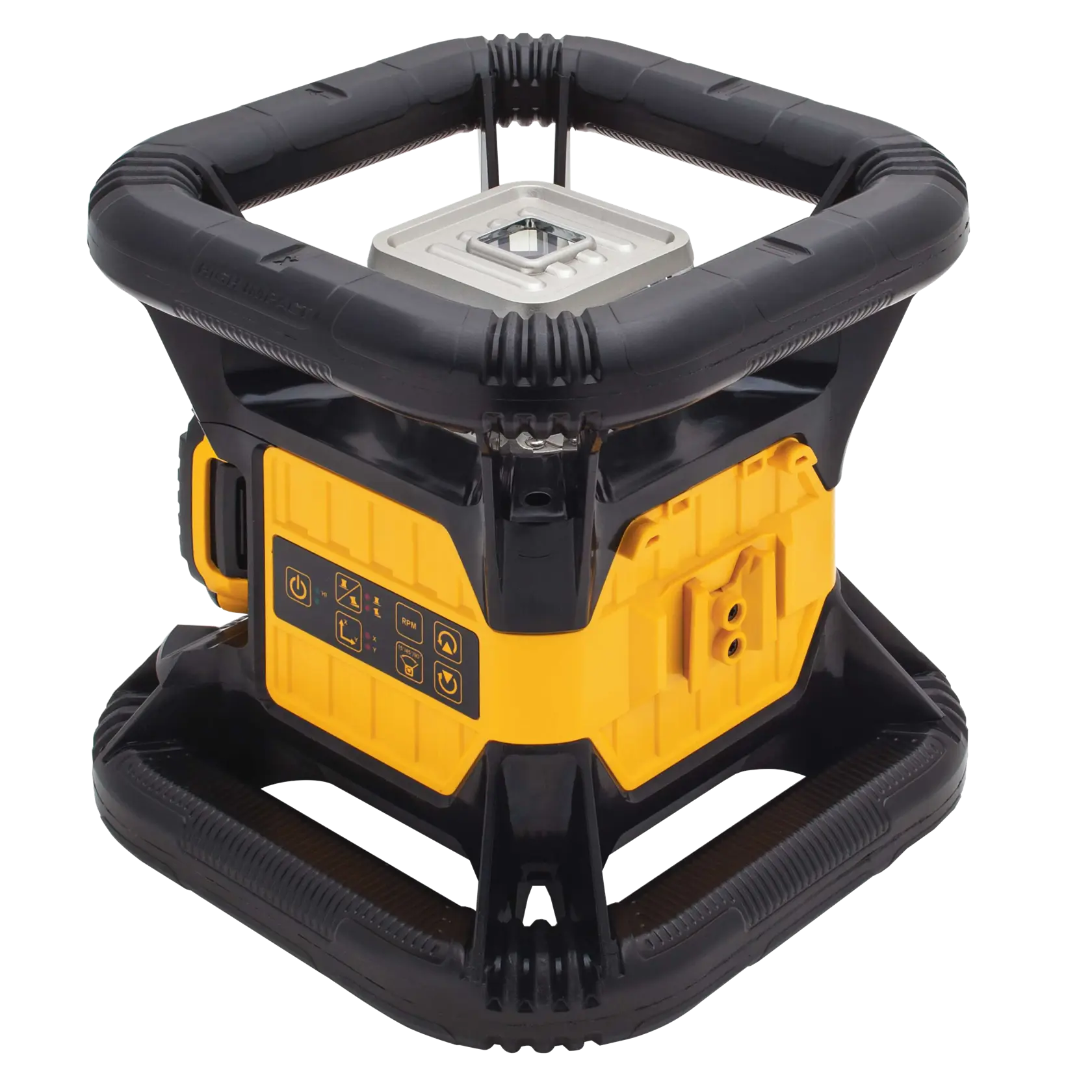 A DEWALT DW079LG rotary laser level, featuring a robust yellow and black body, protective frame, and a control panel with multiple buttons.